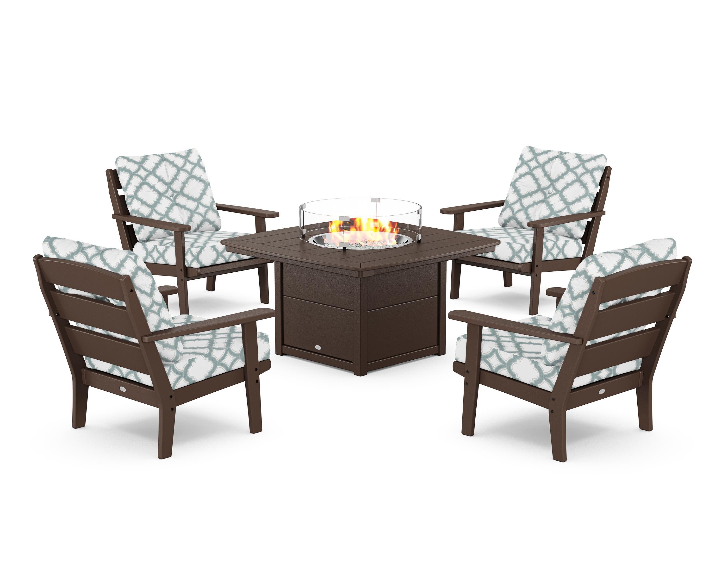 Lakeside 5-Piece Deep Seating Set with Nautical Fire Pit Table in Mahogany / Trellis Glacier Spa