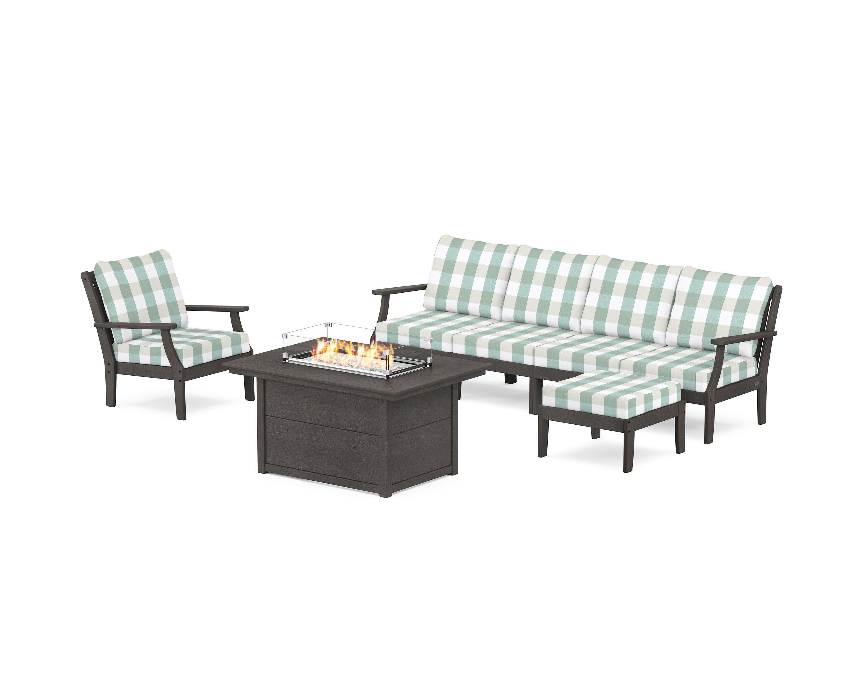 Braxton Sectional Lounge and Fire Pit Set in Vintage Coffee / Buffalo Plaid Glacier Spa