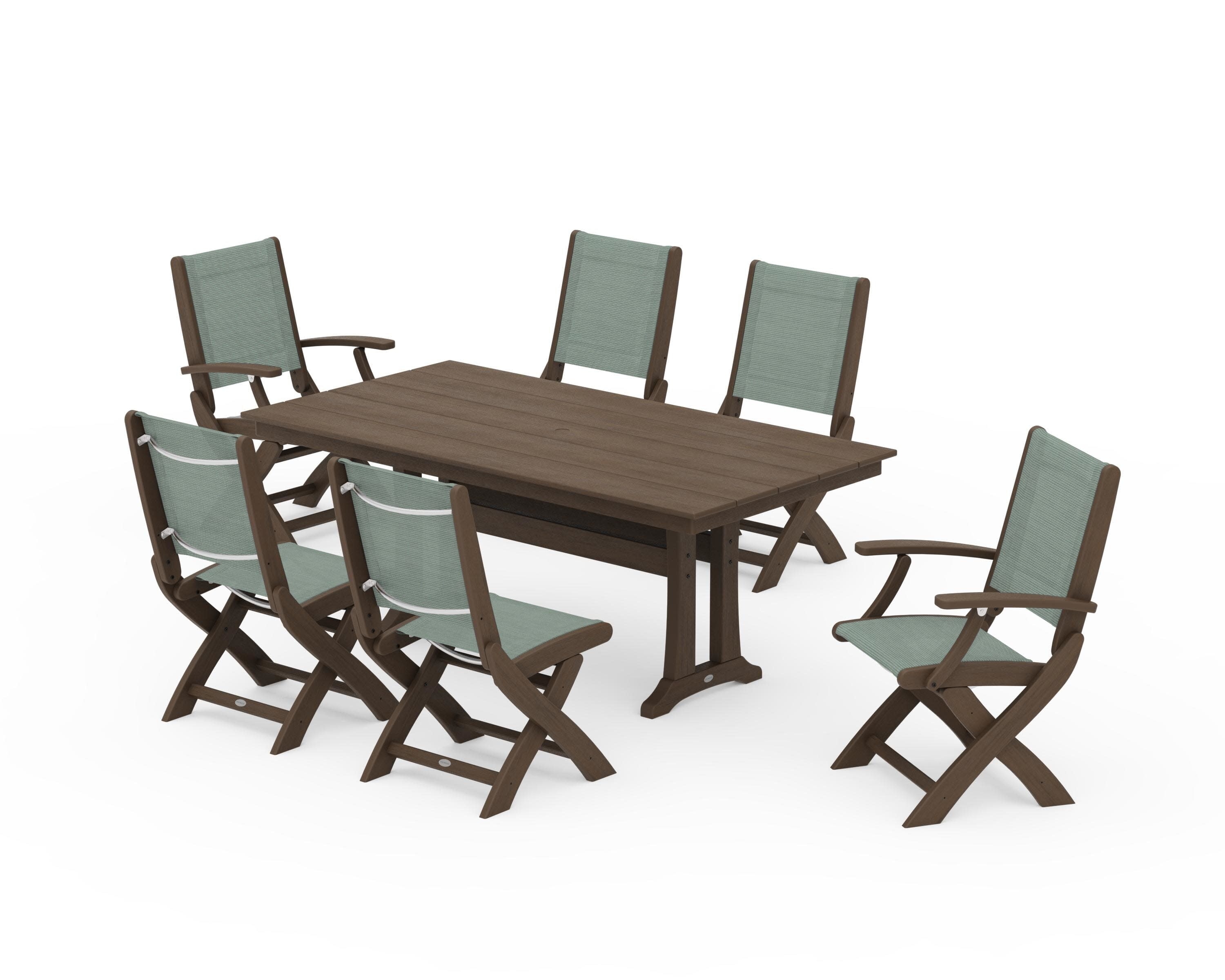 Coastal Folding Chair 7-Piece Farmhouse Dining Set with Trestle Legs in Kona / Dupioni Sea Mist Sling