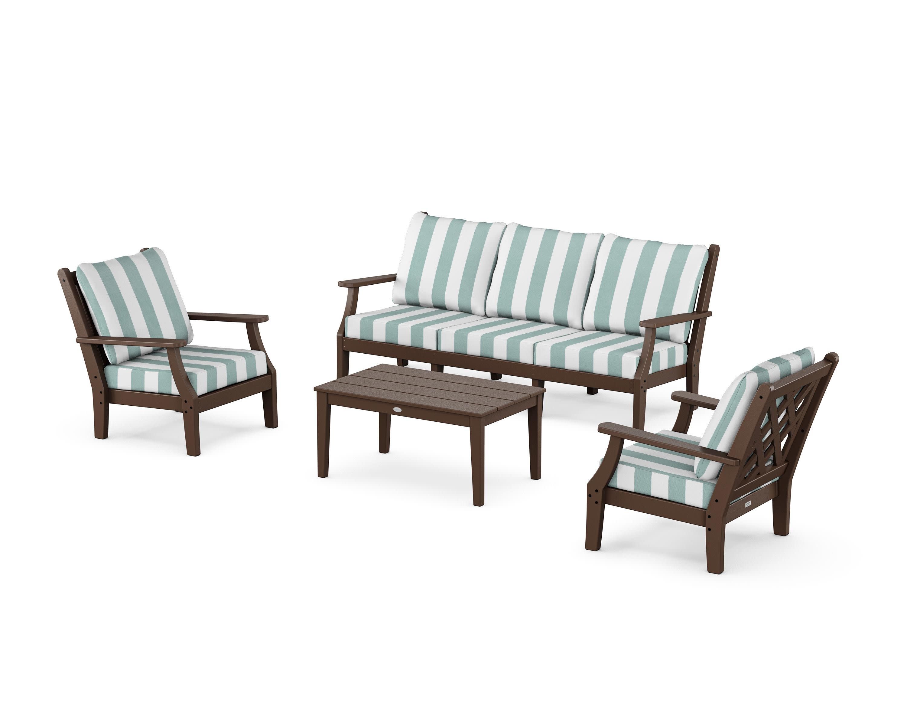 Wovendale 4-Piece Deep Seating Set with Sofa in Mahogany / Cabana Stripe Glacier Spa