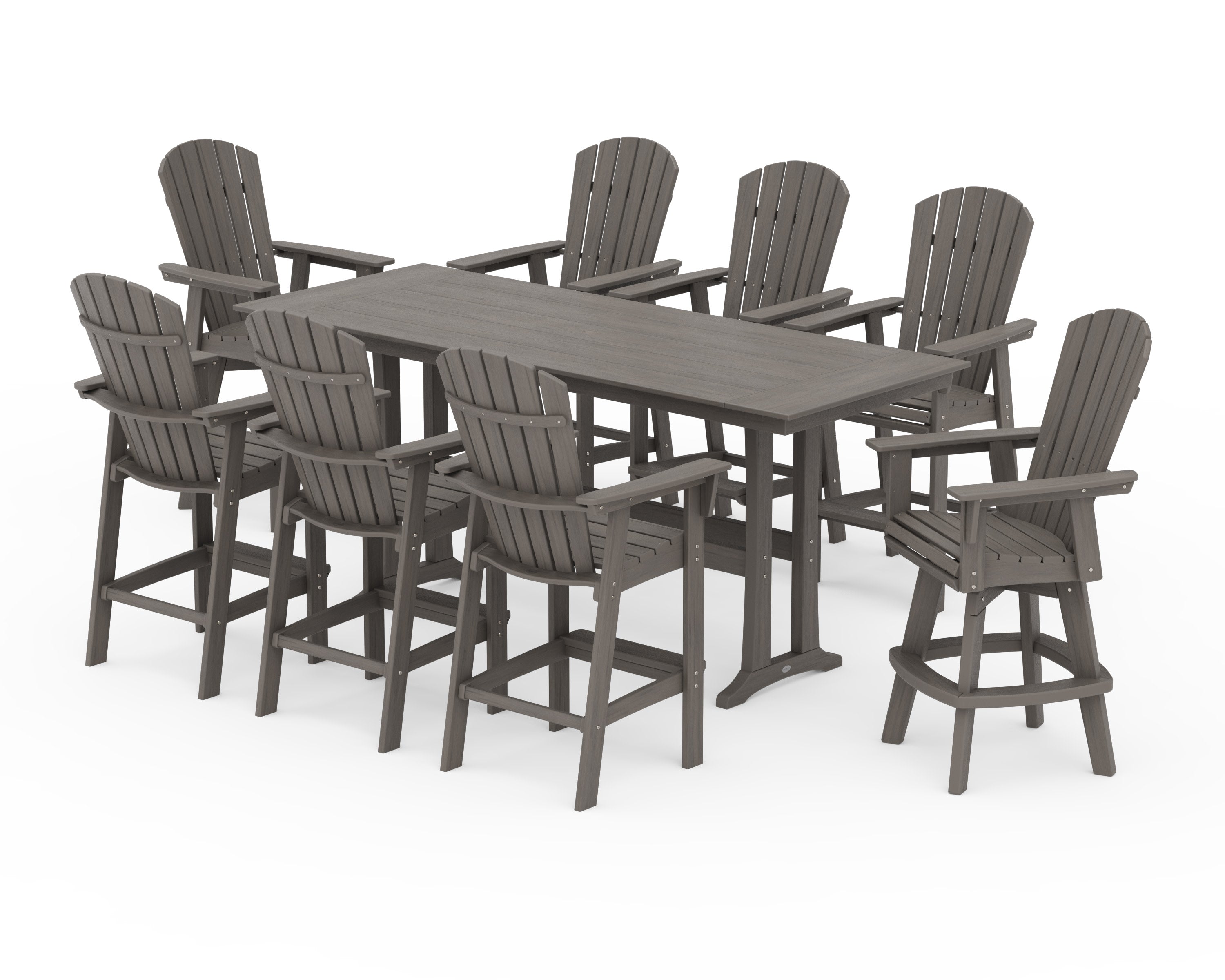 Nautical Curveback Adirondack Swivel Chair 9-Piece Farmhouse Bar Set with Trestle Legs in Driftwood