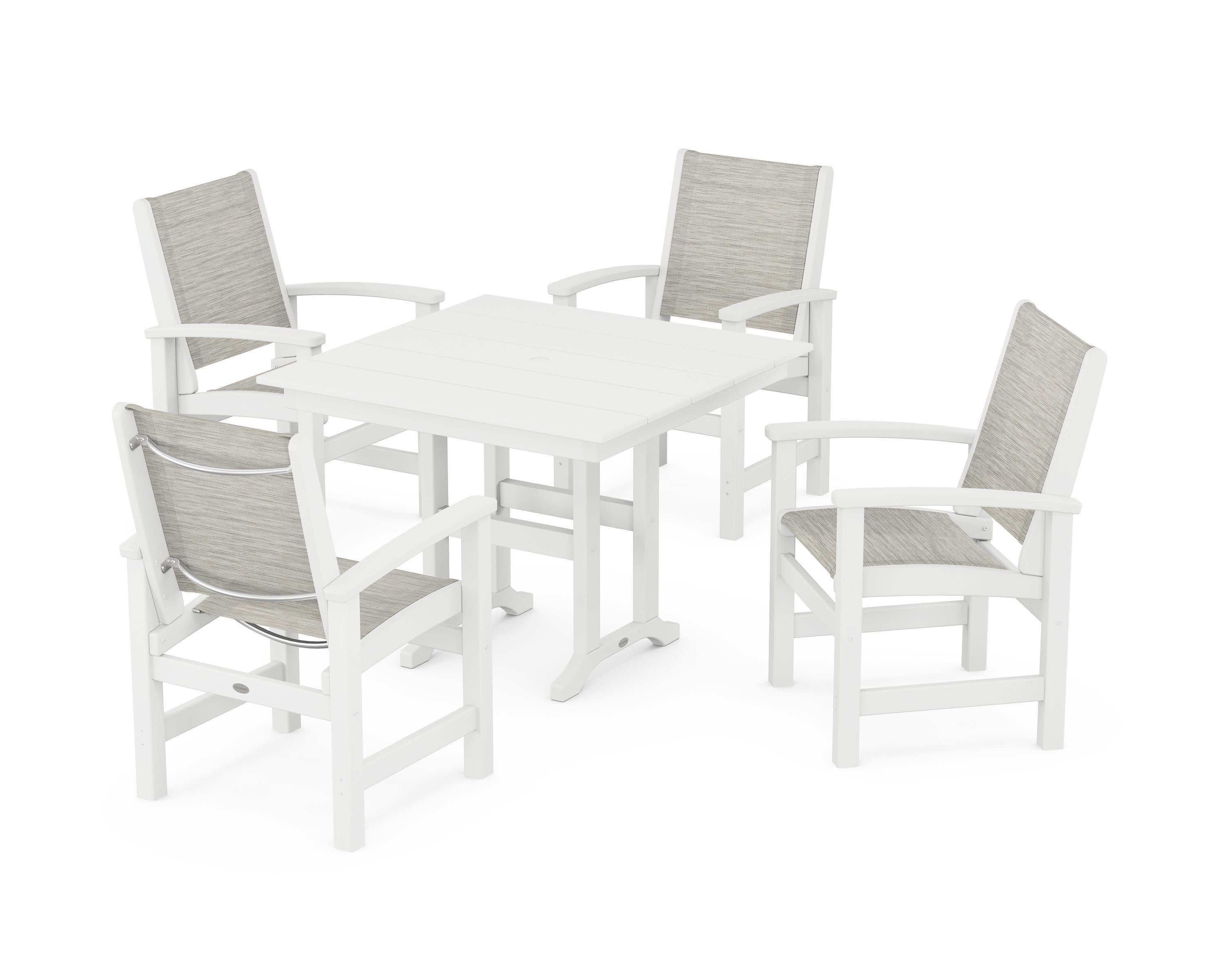 Coastal 5-Piece Farmhouse Dining Set in White / Birch Sling