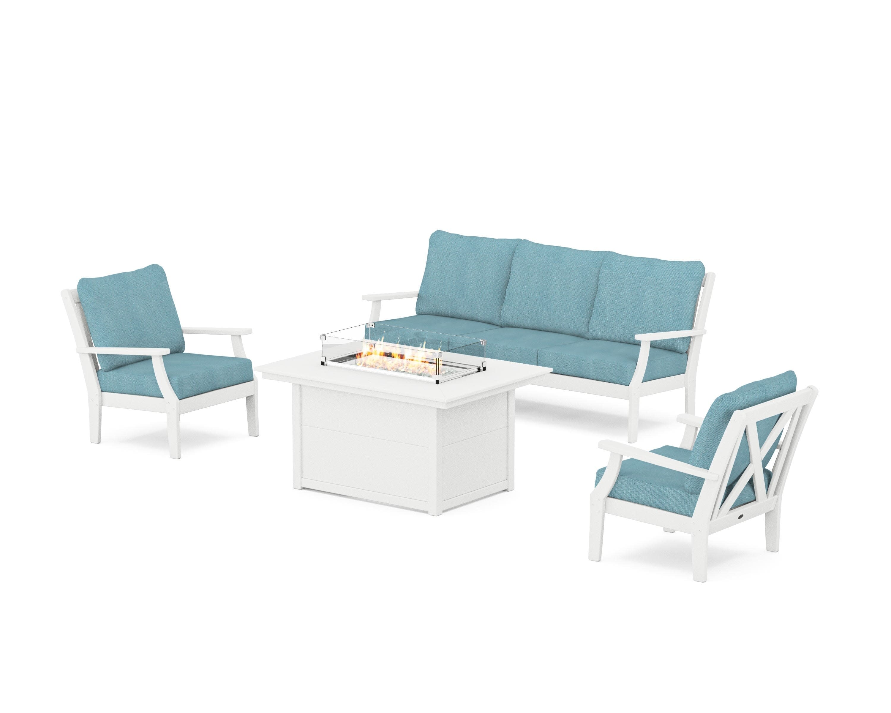Braxton Deep Seating Fire Pit Table Set in White / Lattice Sky Blue