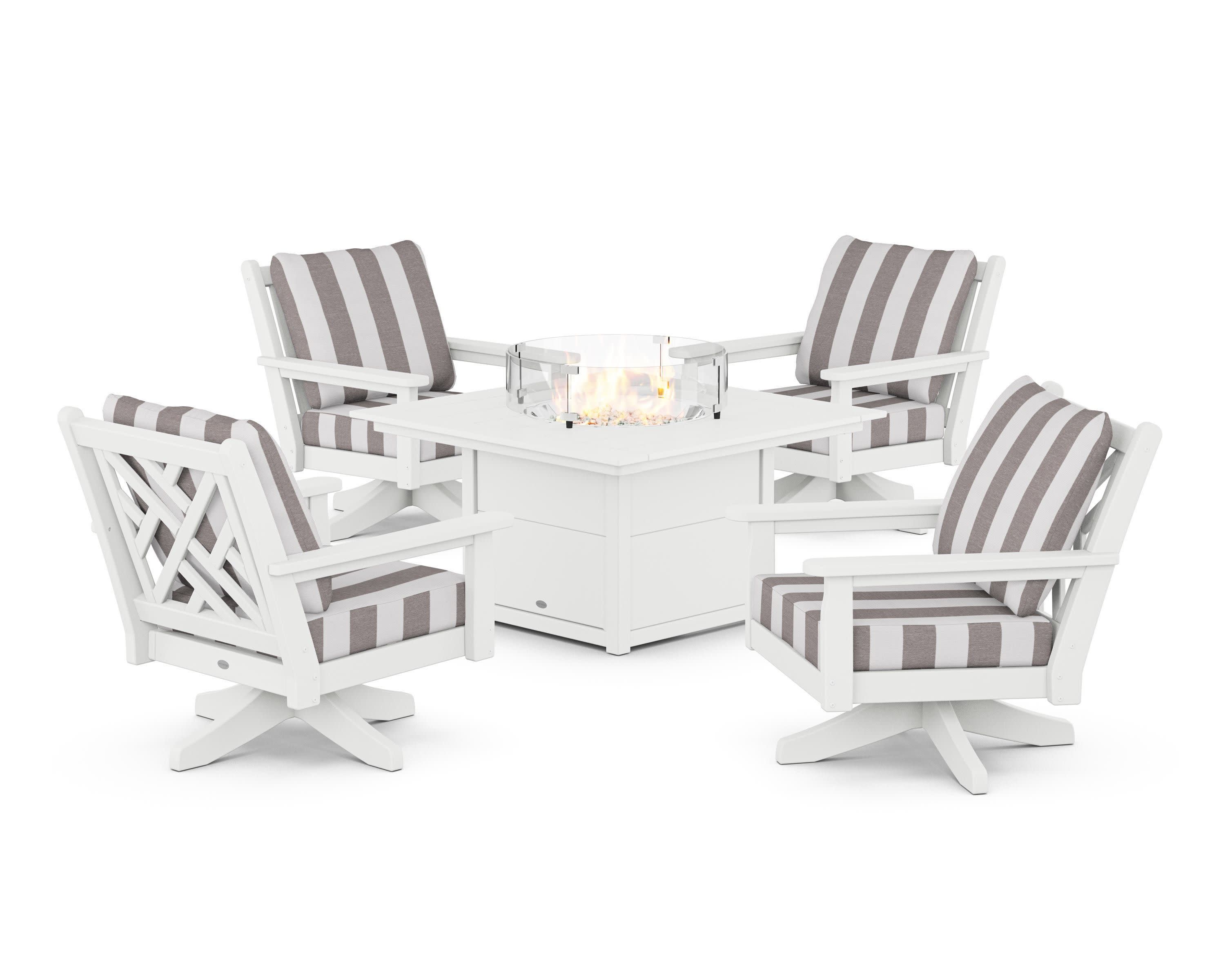 Chippendale 5-Piece Deep Seating Swivel Conversation Set with Fire Pit Table in White / Cabana Stripe Grey Mist