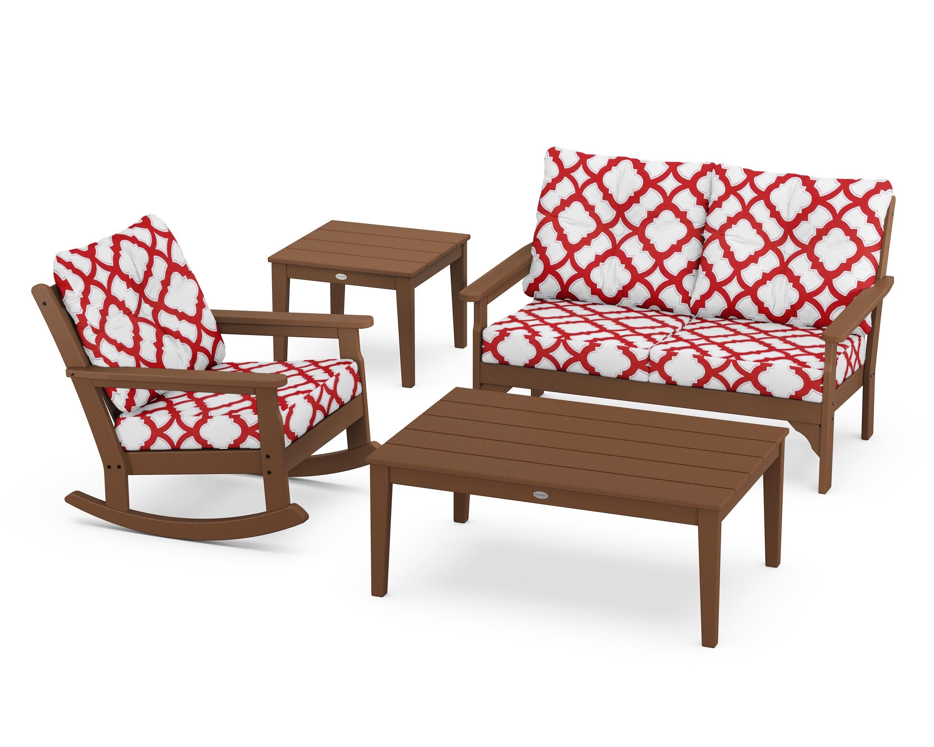 Vineyard 4-Piece Deep Seating Rocker Set in Teak / Trellis Crimson
