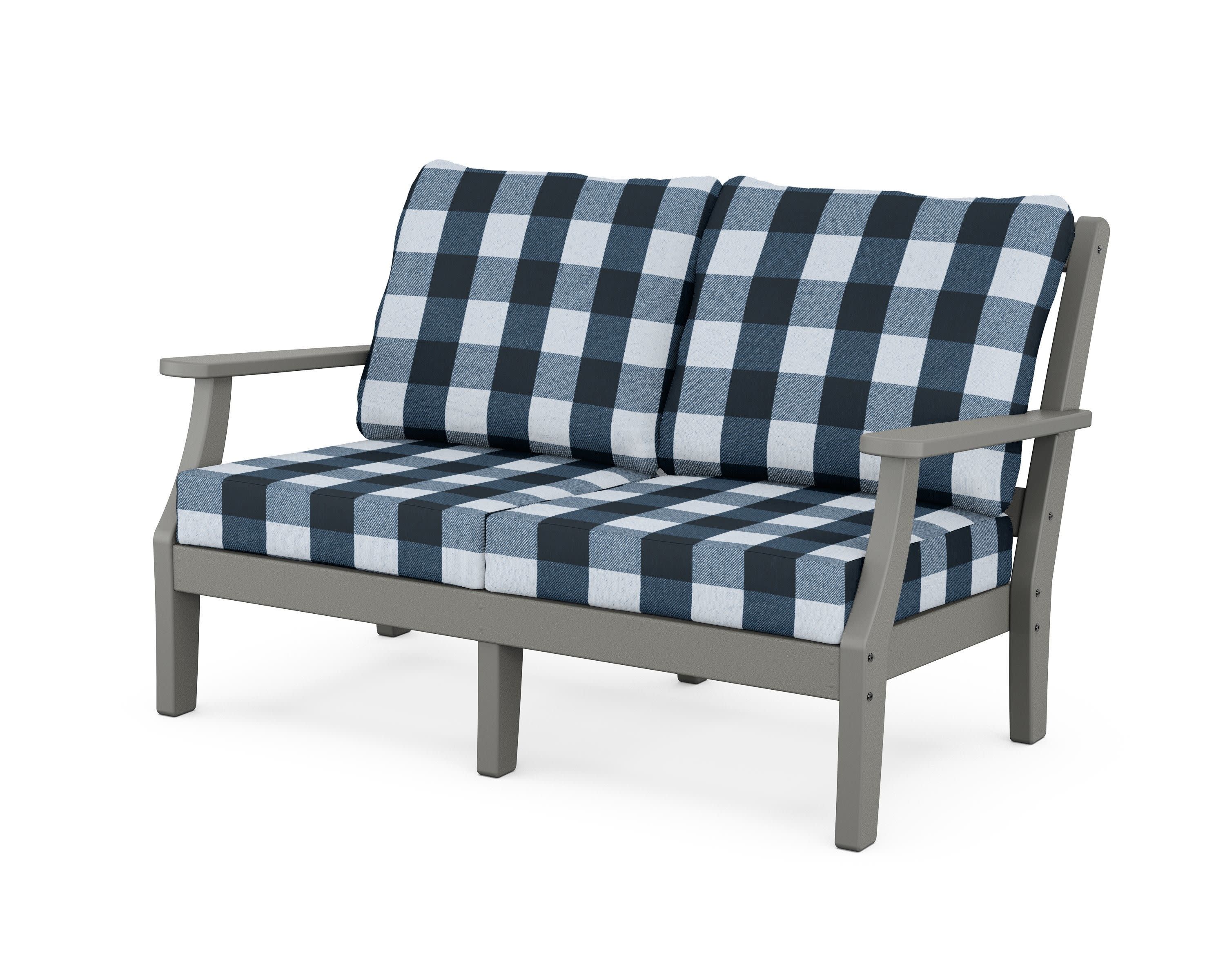 Chinoiserie Deep Seating Loveseat in Slate Grey / Buffalo Plaid Marine Indigo