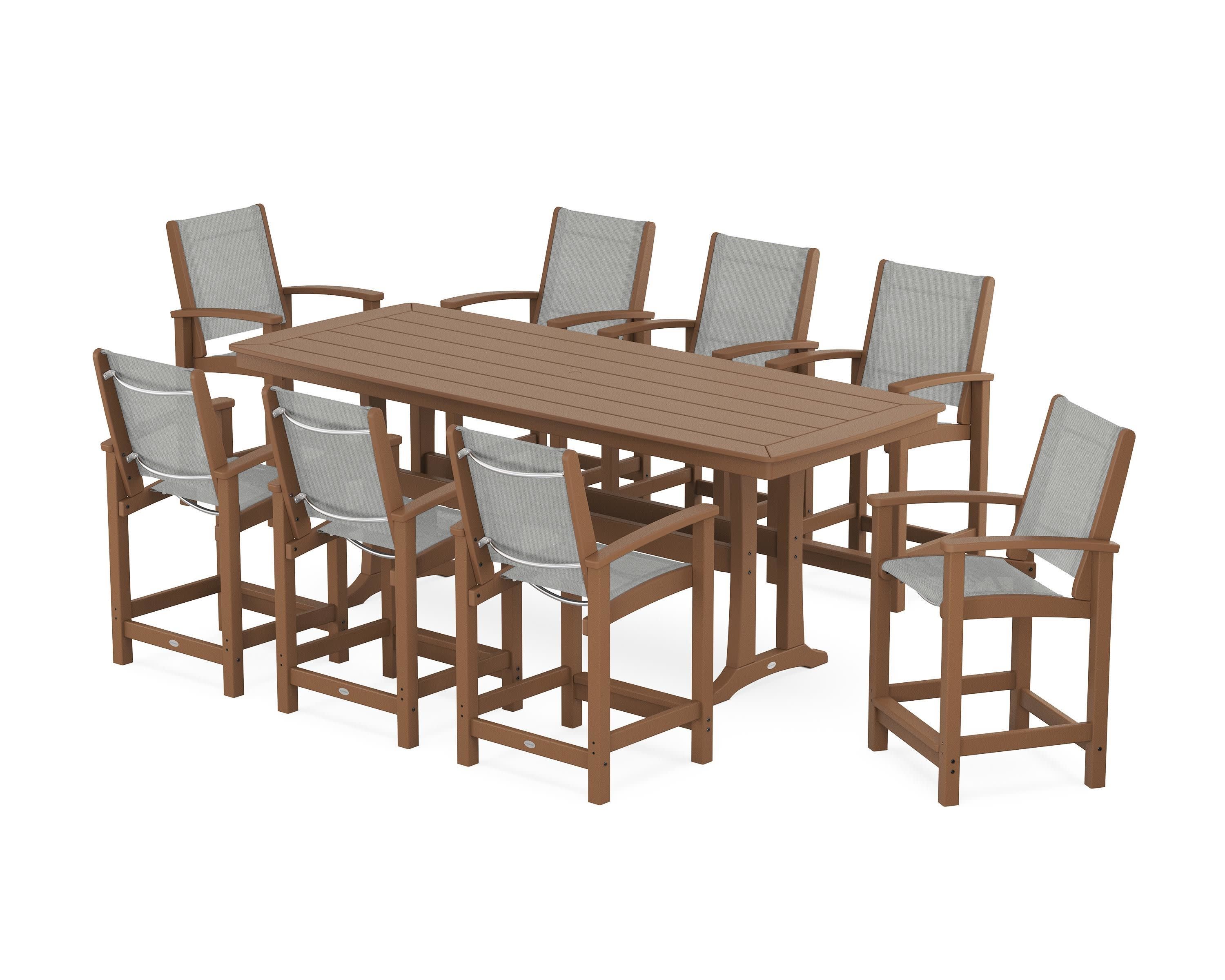 Coastal 9-Piece Counter Set with Trestle Legs in Teak / Metallic Sling