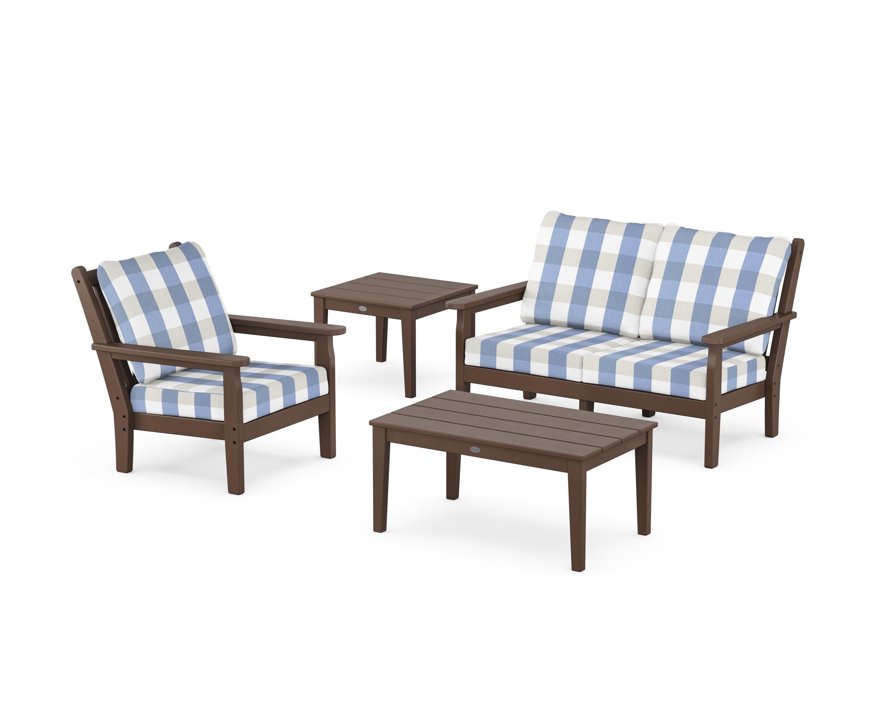 Chippendale 4-Piece Deep Seating Set in Mahogany / Buffalo Plaid Sky Blue