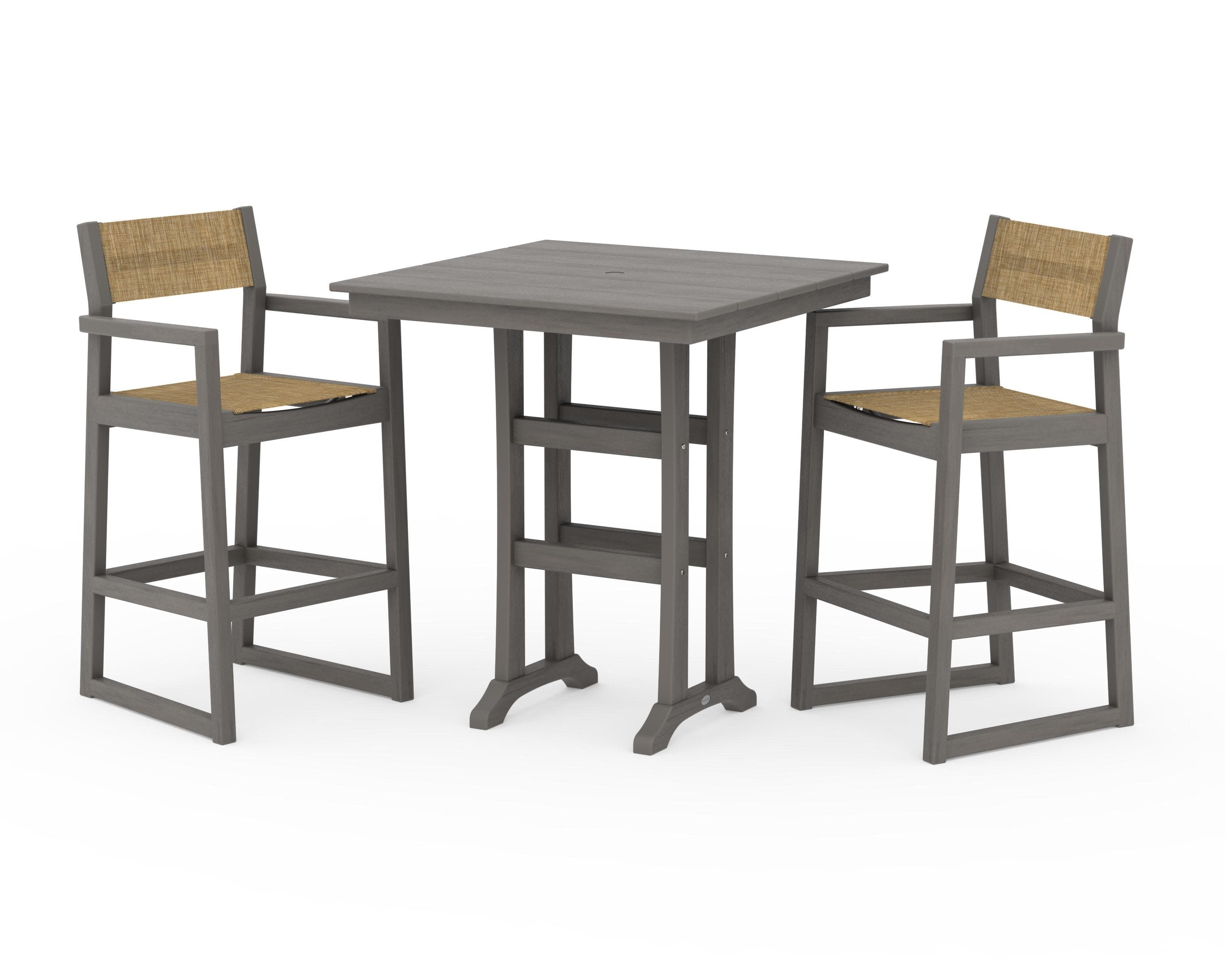 EDGE Sling Arm Chair 3-Piece Farmhouse Bar Set with Trestle Legs in Driftwood / Burlap Sling
