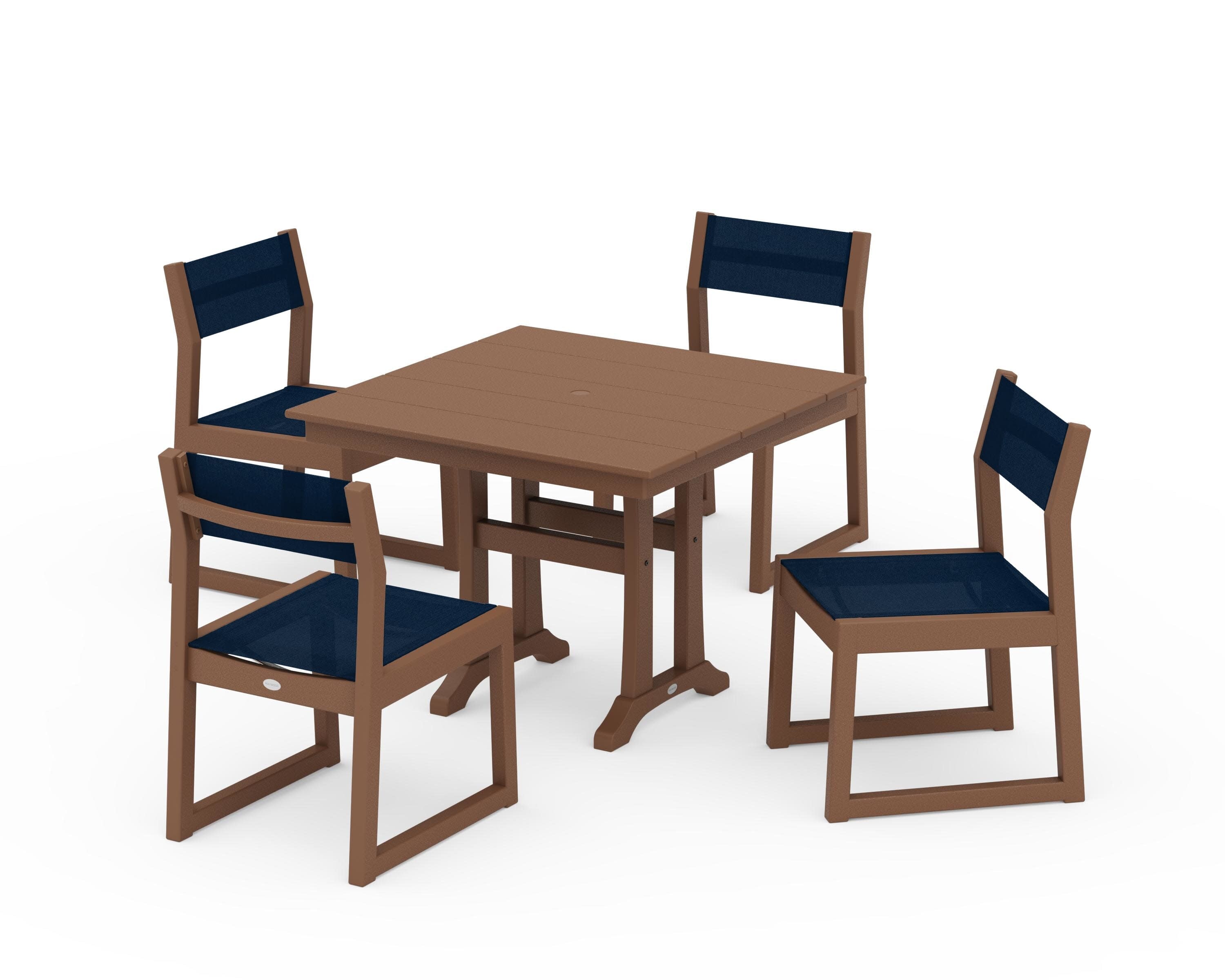 EDGE Sling 5-Piece Farmhouse Trestle Side Chair Dining Set in Teak / Navy Blue Sling
