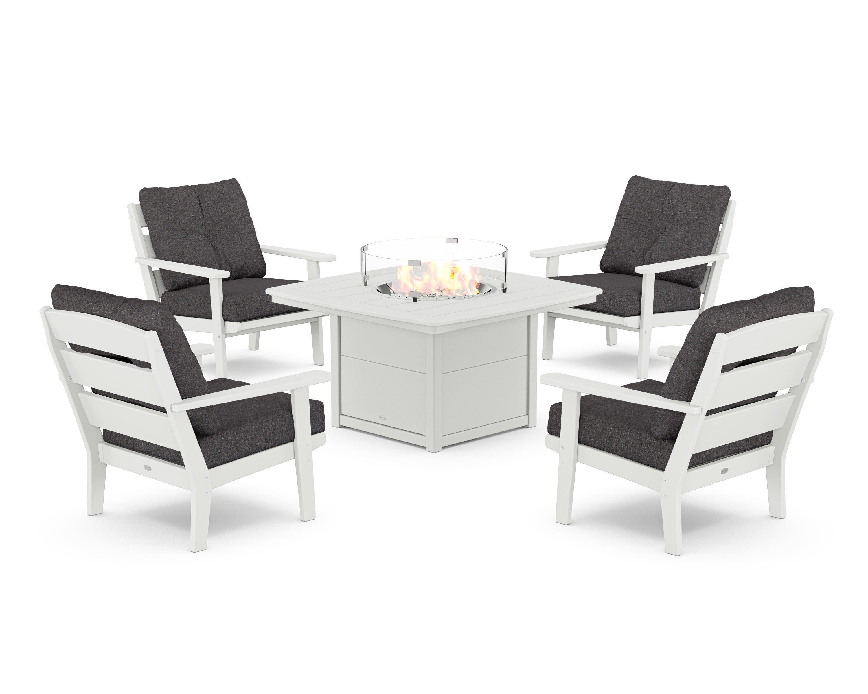 Lakeside 5-Piece Deep Seating Set with Nautical Fire Pit Table in White / Ash Charcoal