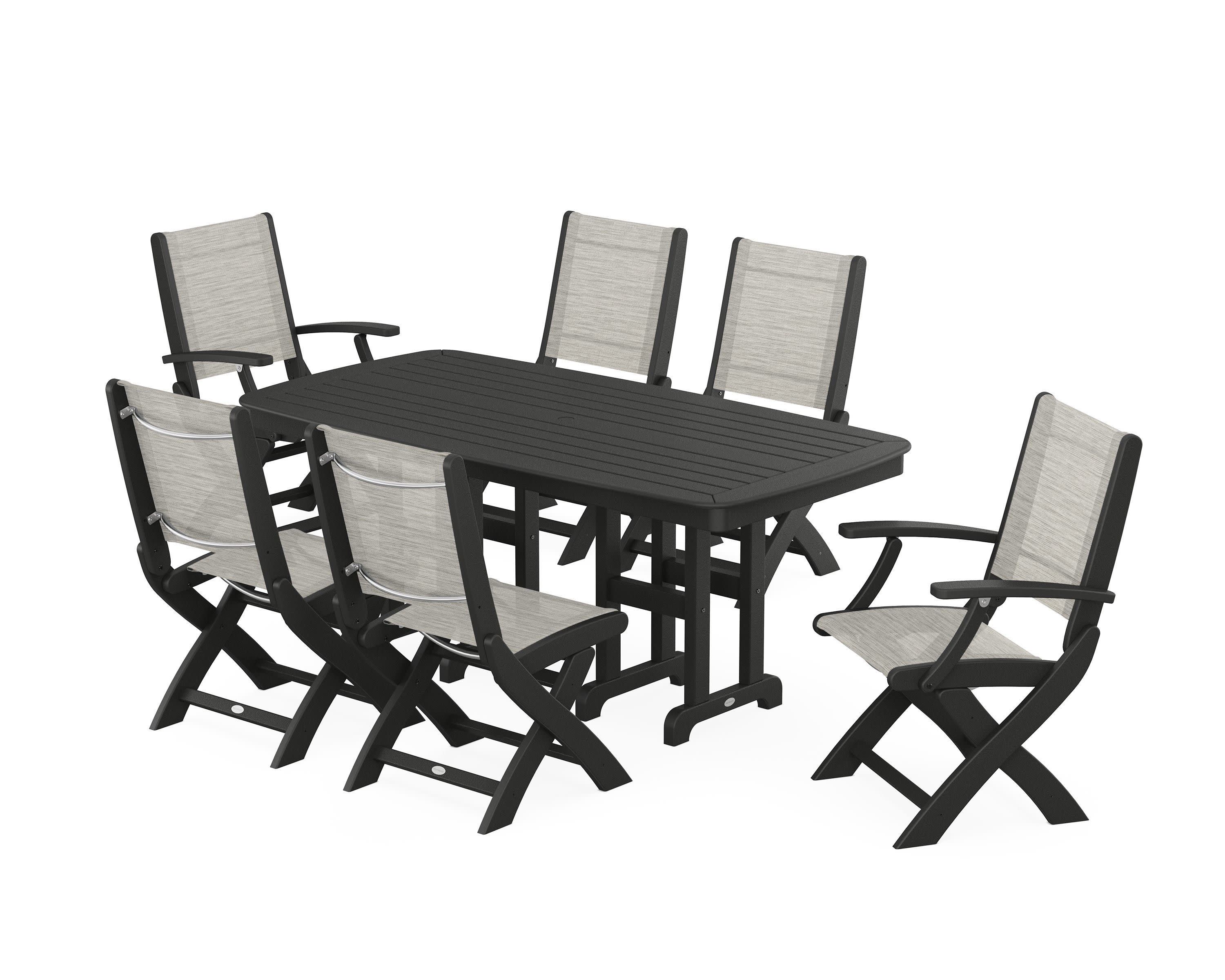Coastal Folding Chair 7-Piece Dining Set in Black / Birch Sling