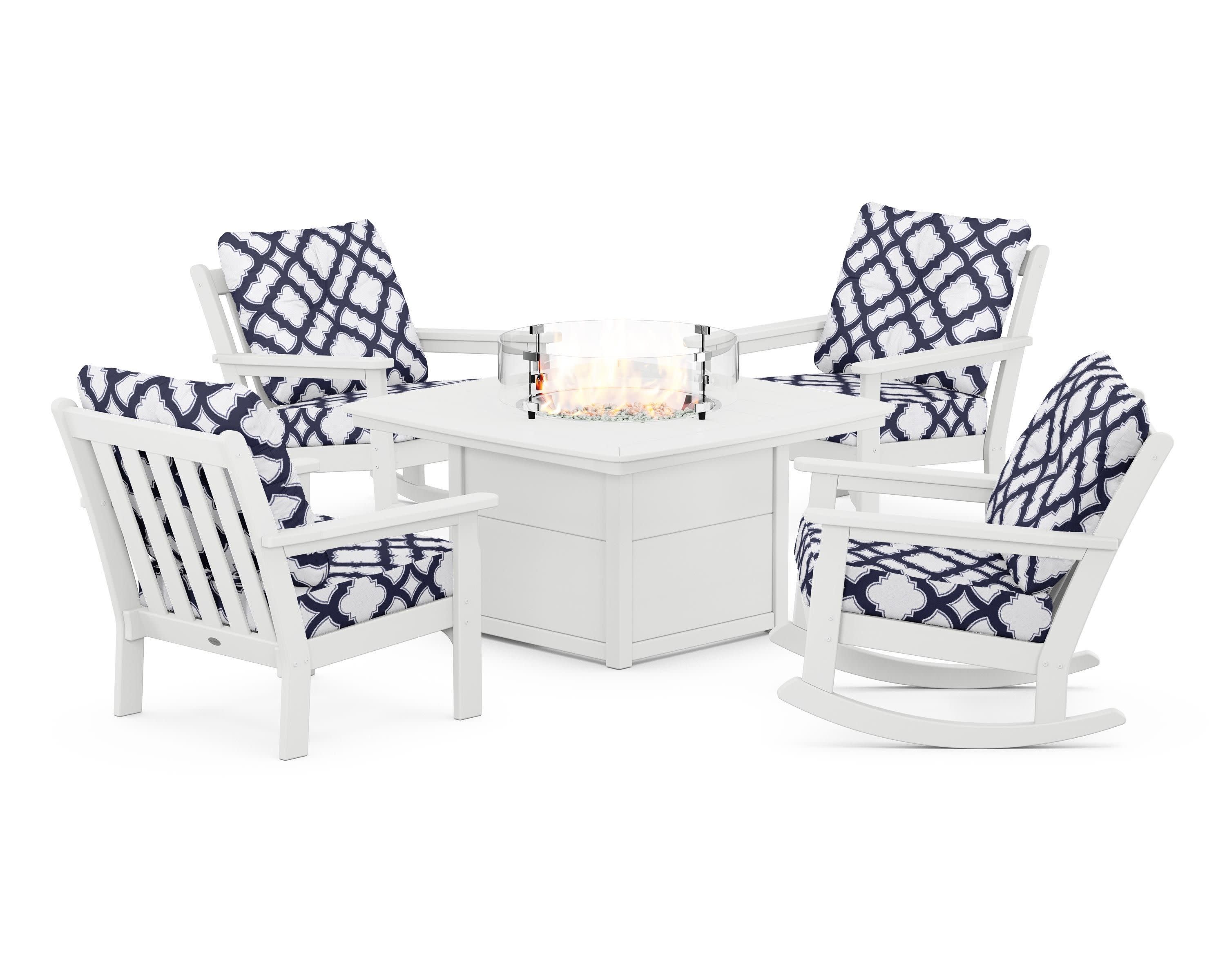 Vineyard 5-Piece Deep Seating Rocking Chair Conversation Set with Fire Pit Table in White / Trellis Navy