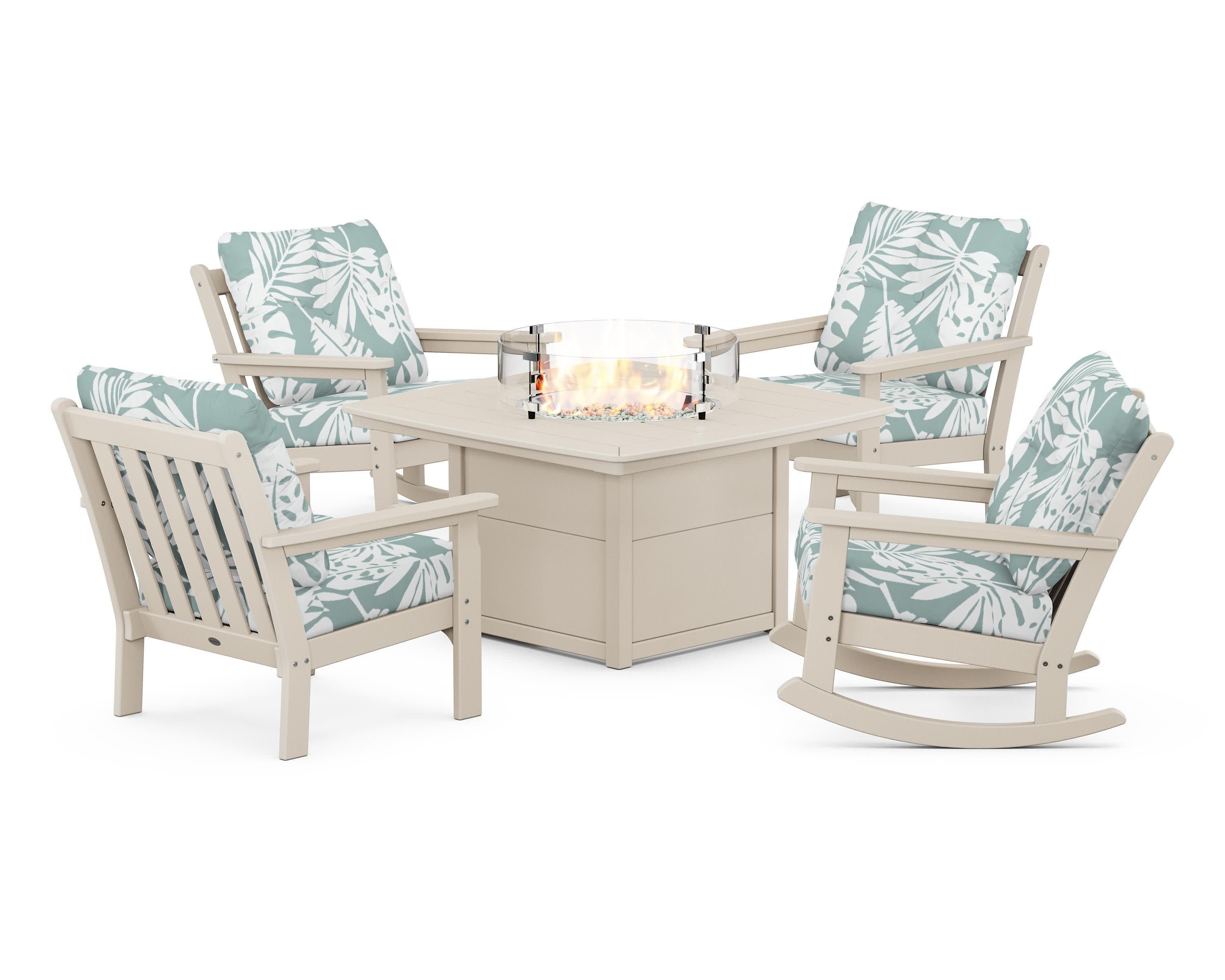 Vineyard 5-Piece Deep Seating Rocking Chair Conversation Set with Fire Pit Table in Sand / Leaf Glacier Spa