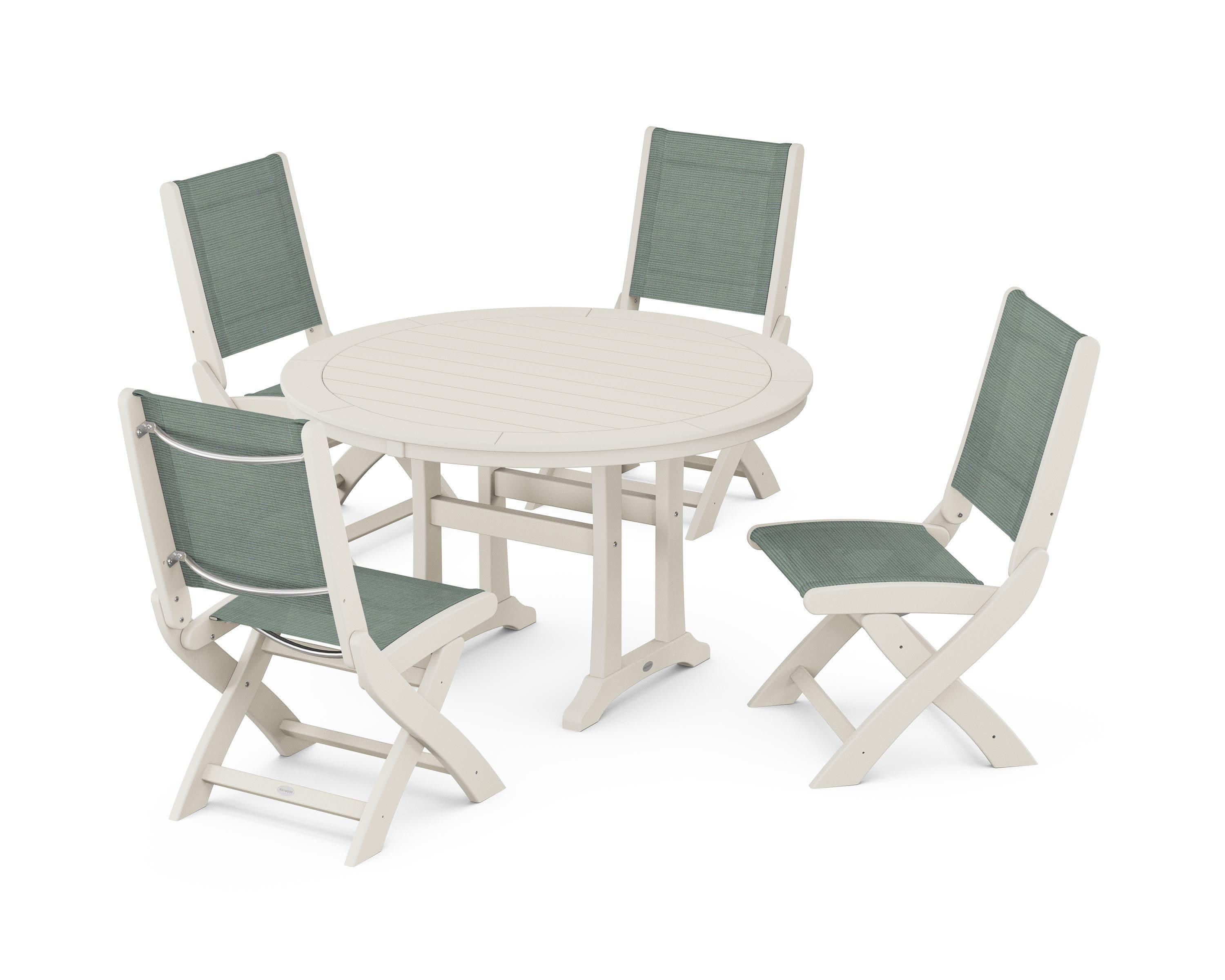 Coastal Folding Side Chair 5-Piece Round Dining Set With Trestle Legs in Sand / Dupioni Sea Mist Sling
