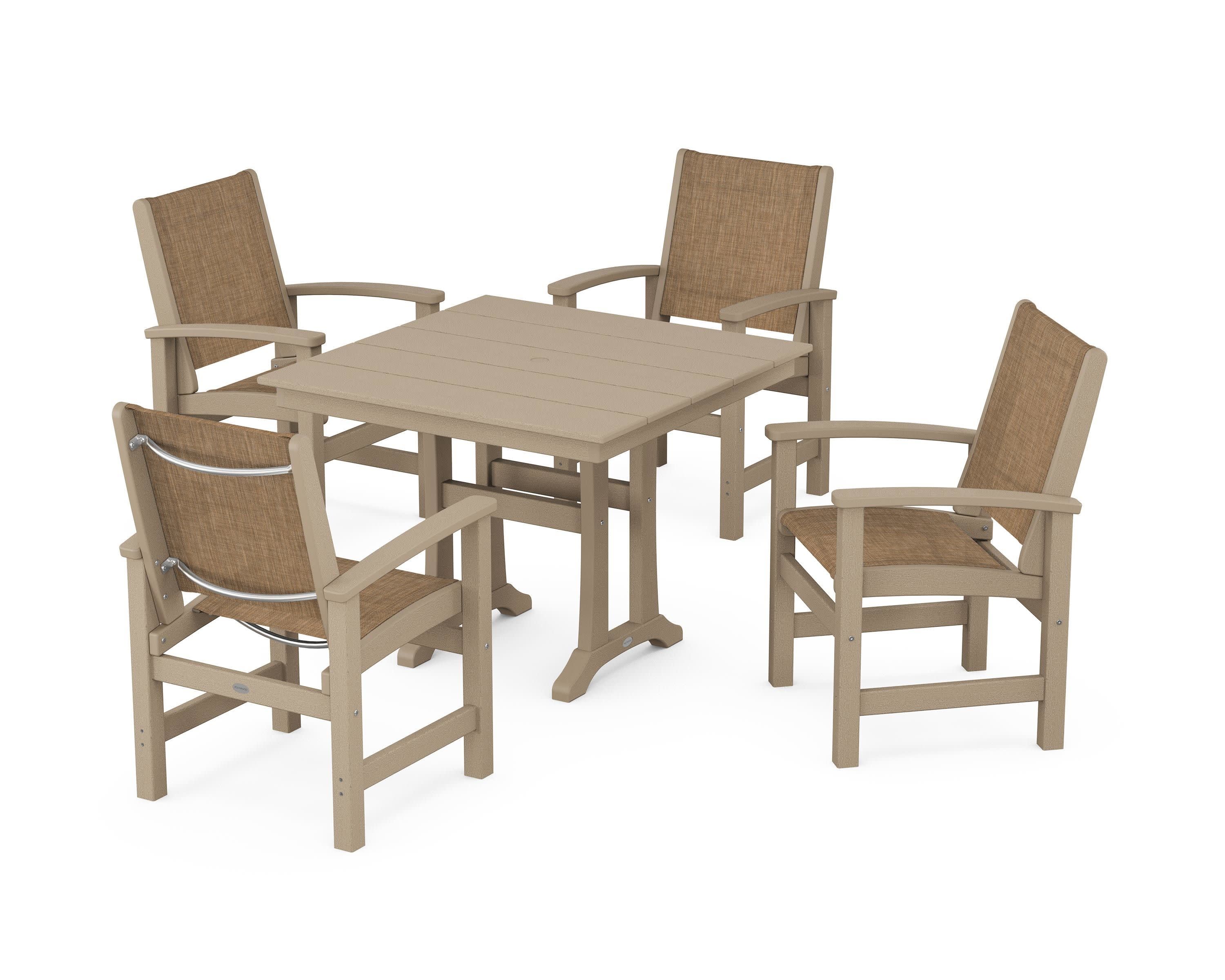 Coastal 5-Piece Farmhouse Dining Set With Trestle Legs in Vintage Sahara / Burlap Sling