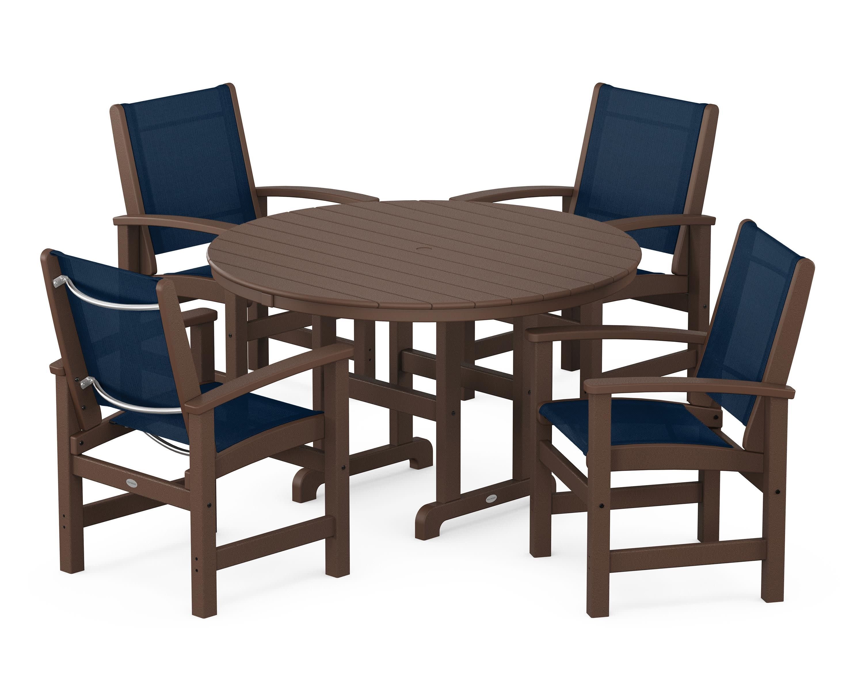 Coastal 5-Piece Round Farmhouse Dining Set in Mahogany / Navy Blue Sling