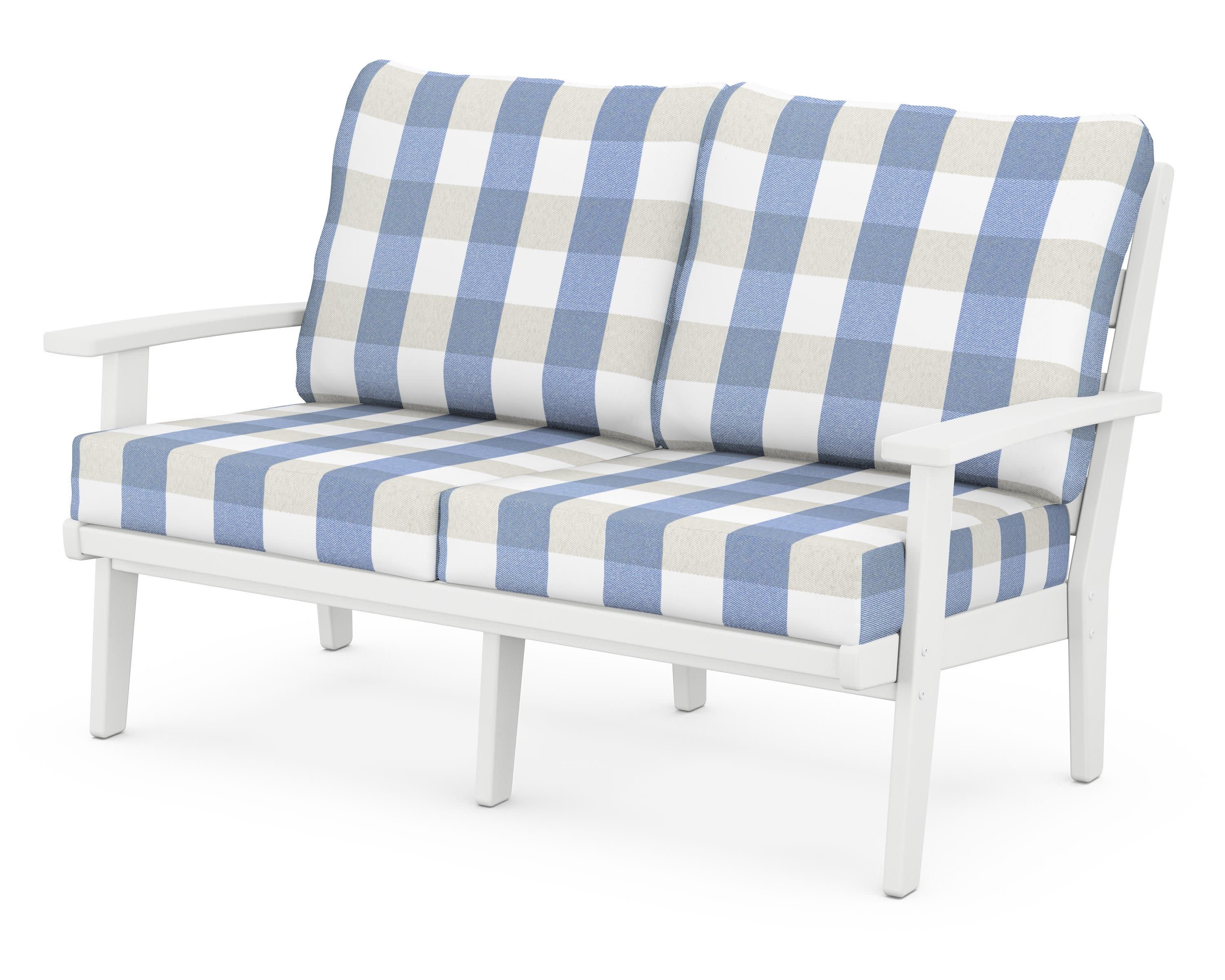 Grant Park Deep Seating Loveseat in White / Buffalo Plaid Sky Blue