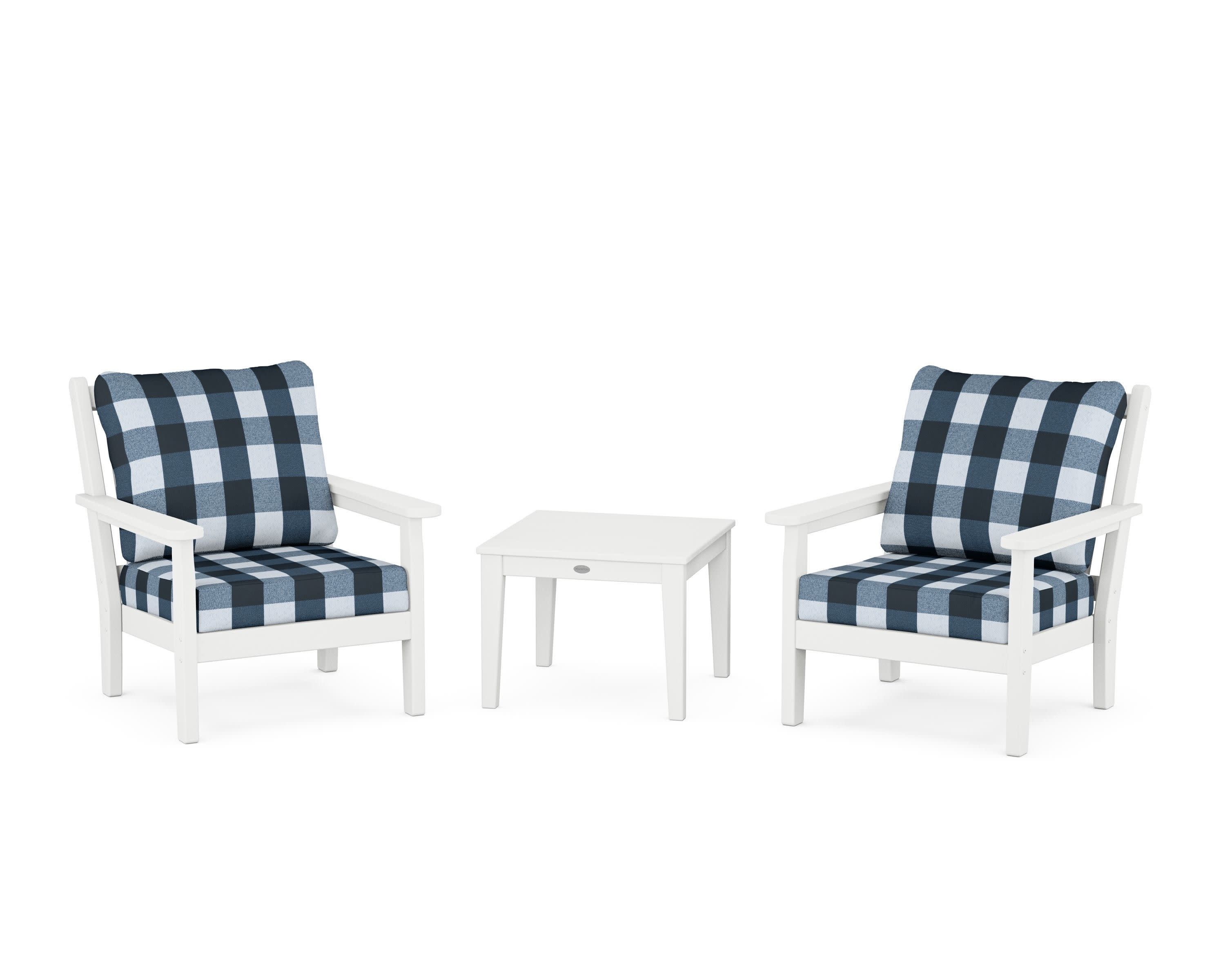 Chippendale 3-Piece Deep Seating Set in White / Buffalo Plaid Marine Indigo