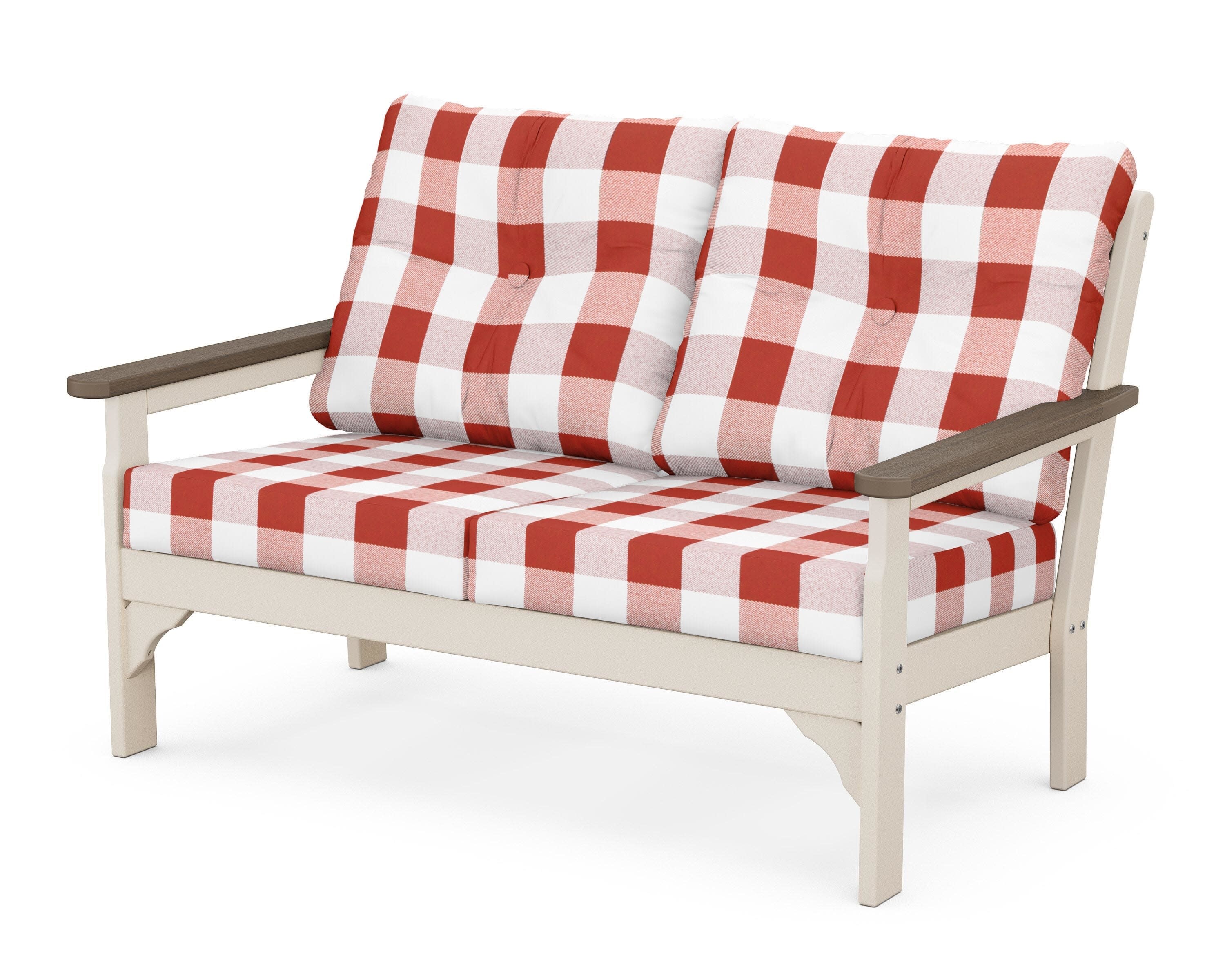 Vineyard Deep Seating Loveseat in Sand / Kona / Buffalo Plaid Crimson