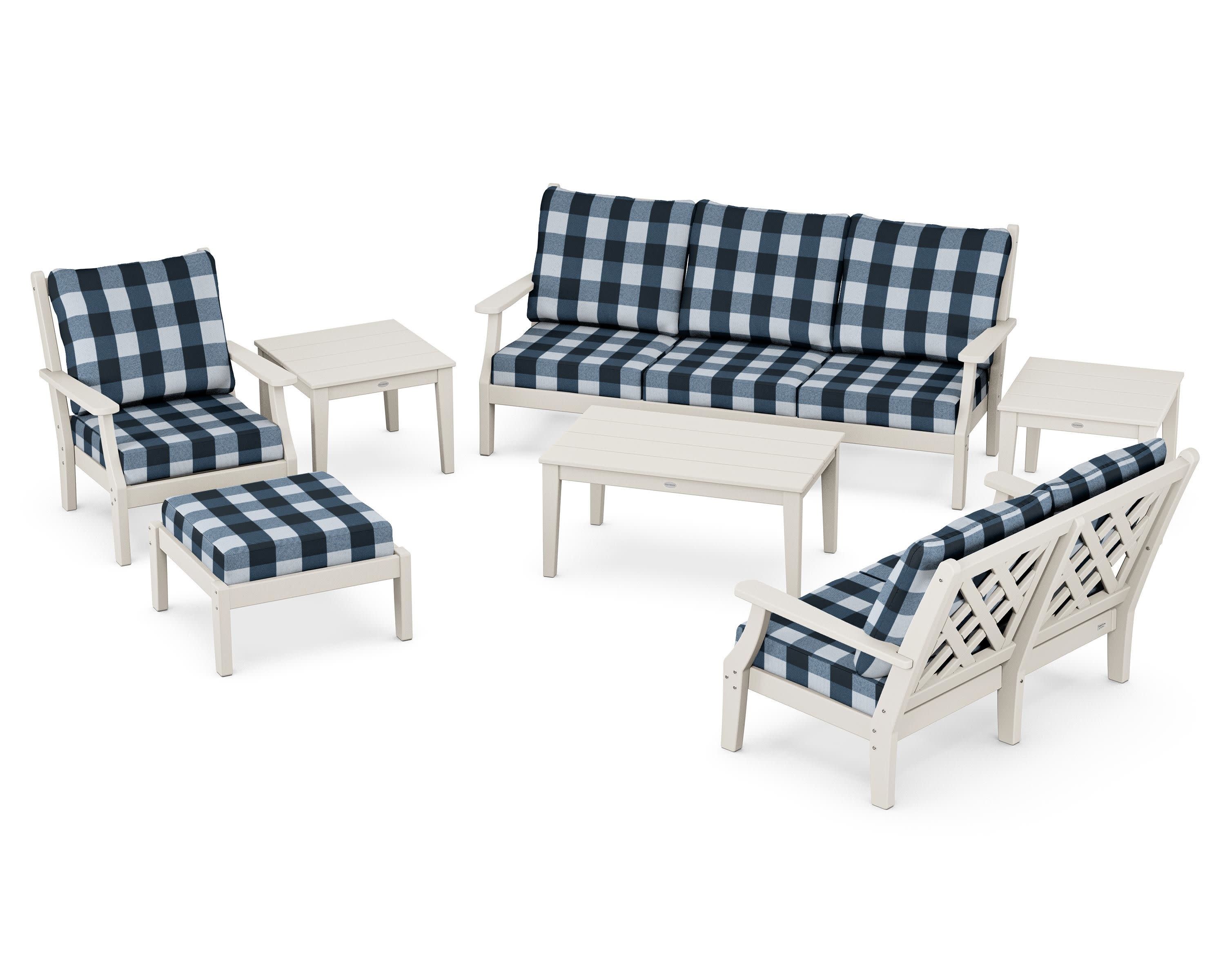 Wovendale 7-Piece Deep Seating Set in Sand / Buffalo Plaid Marine Indigo