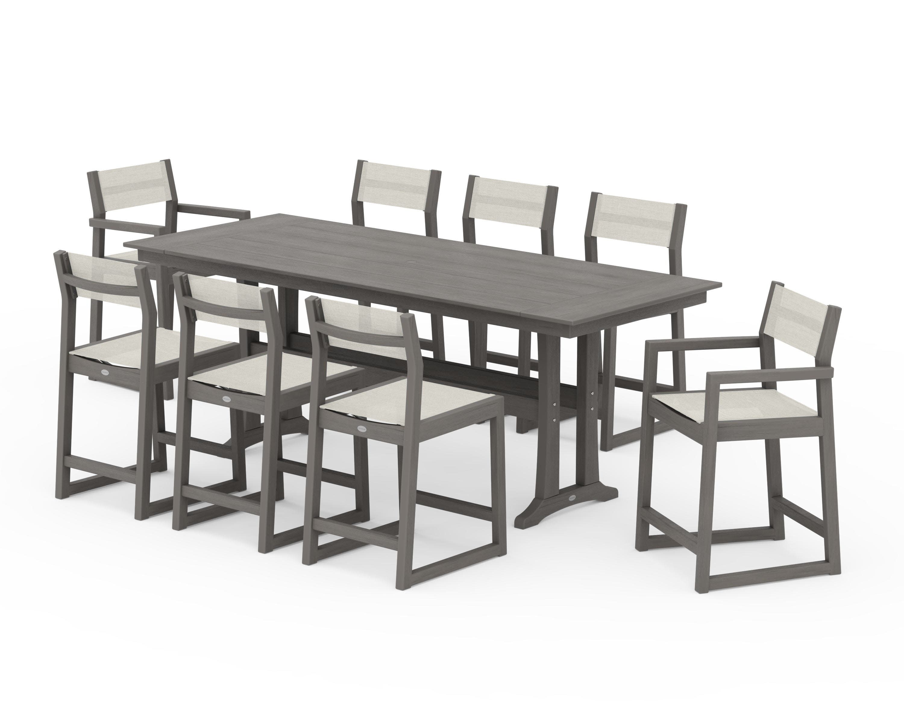 EDGE Sling 9-Piece Farmhouse Counter Set with Trestle Legs in Driftwood / Parchment Sling