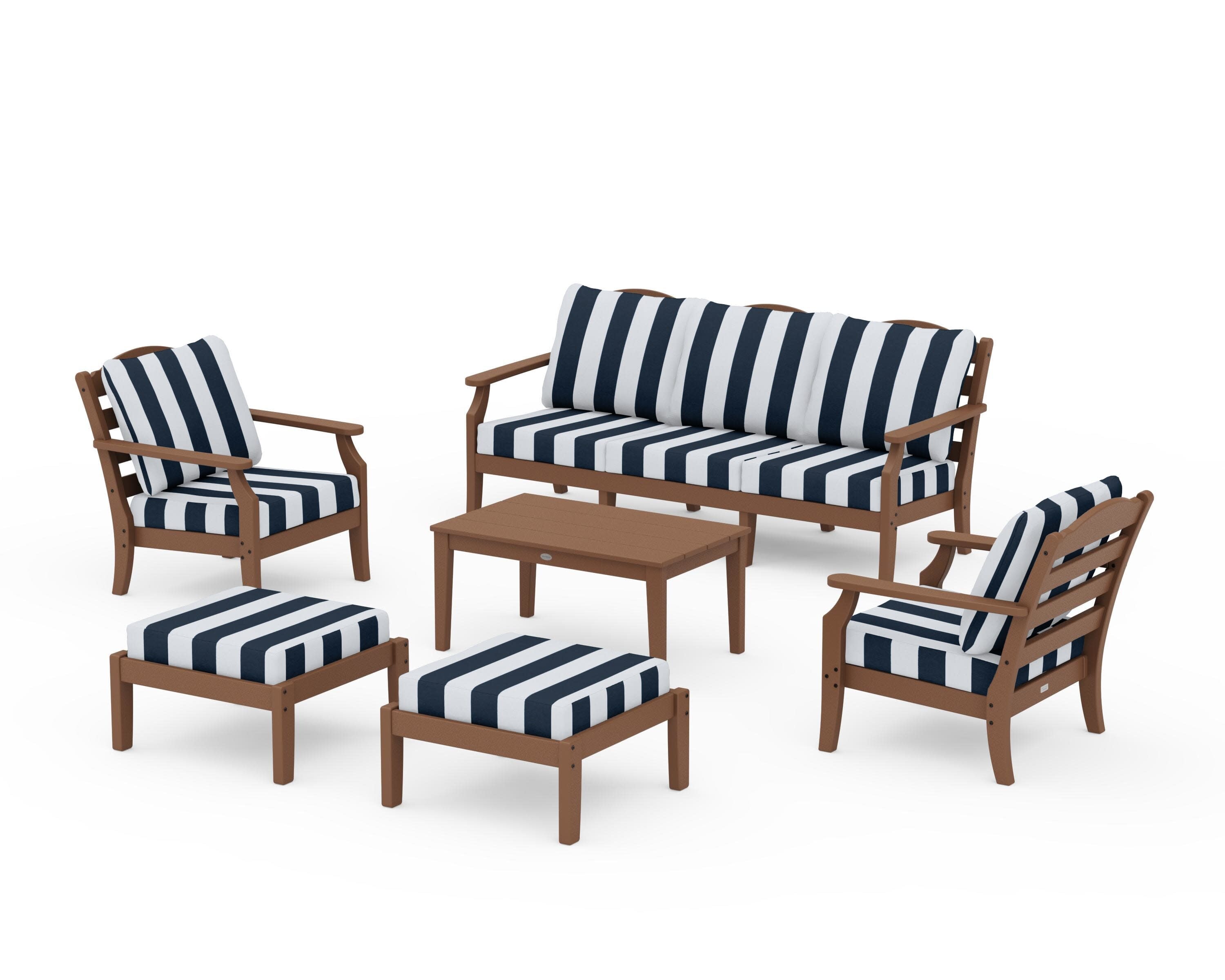 Savannah 6-Piece Lounge Sofa Set in Teak / Cabana Stripe Marine Indigo