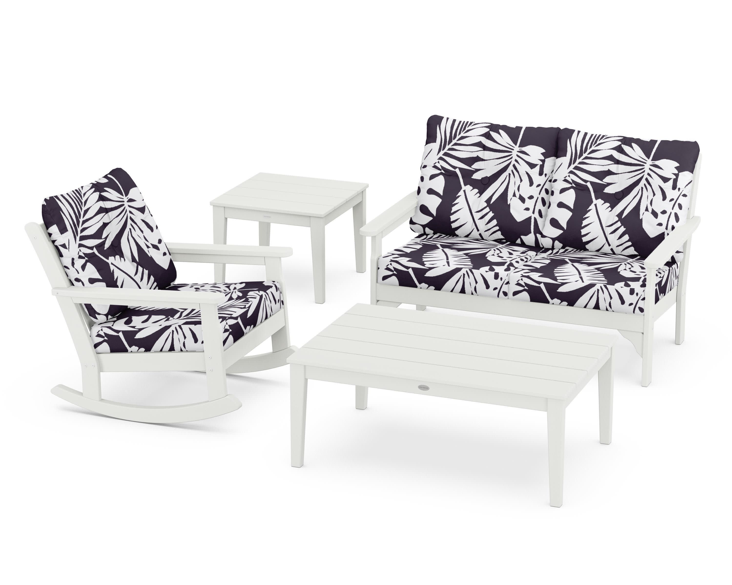 Vineyard 4-Piece Deep Seating Rocker Set in Vintage White / Leaf Navy