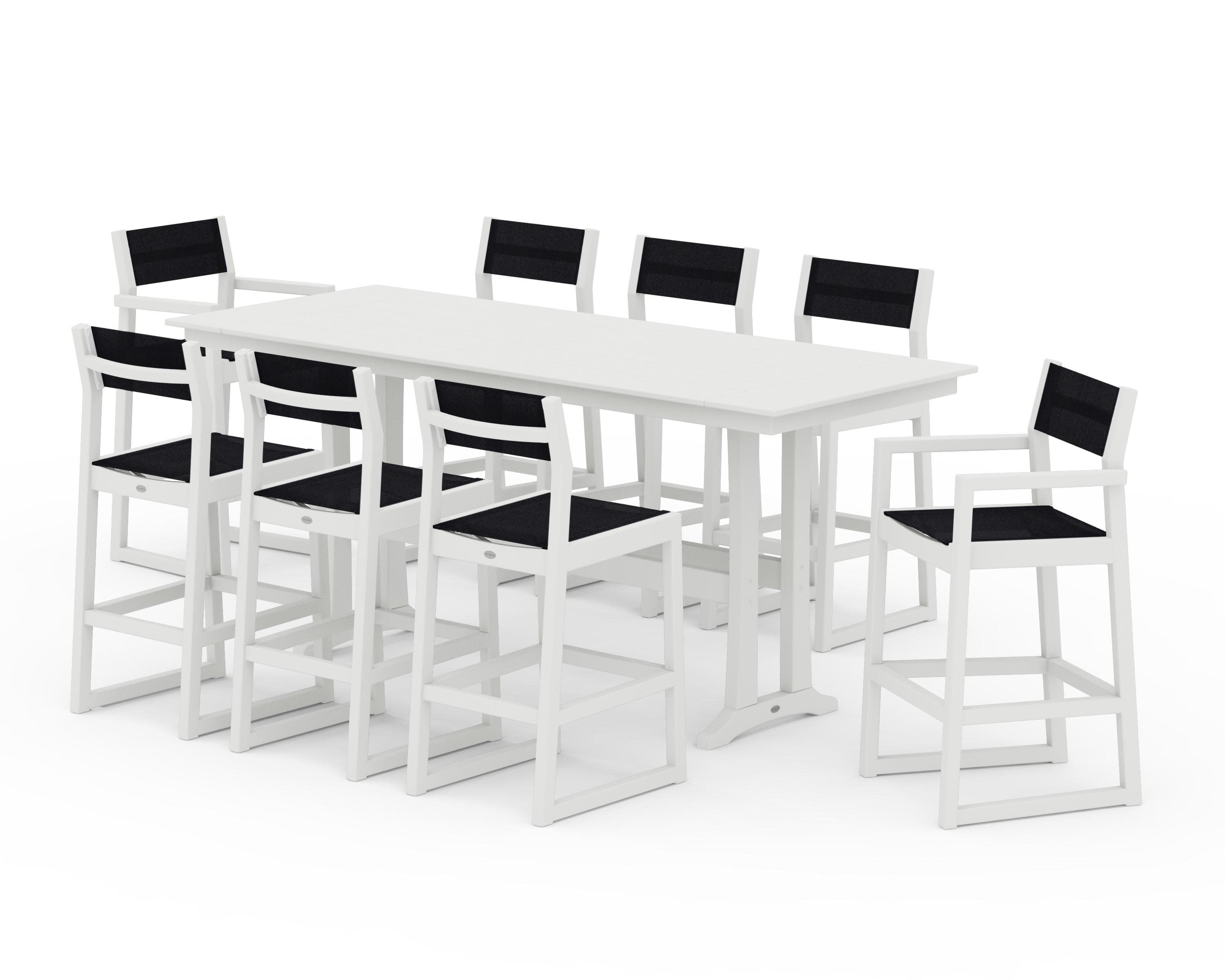 EDGE Sling 9-Piece Farmhouse Bar Set with Trestle Legs in Vintage White / Black Sling
