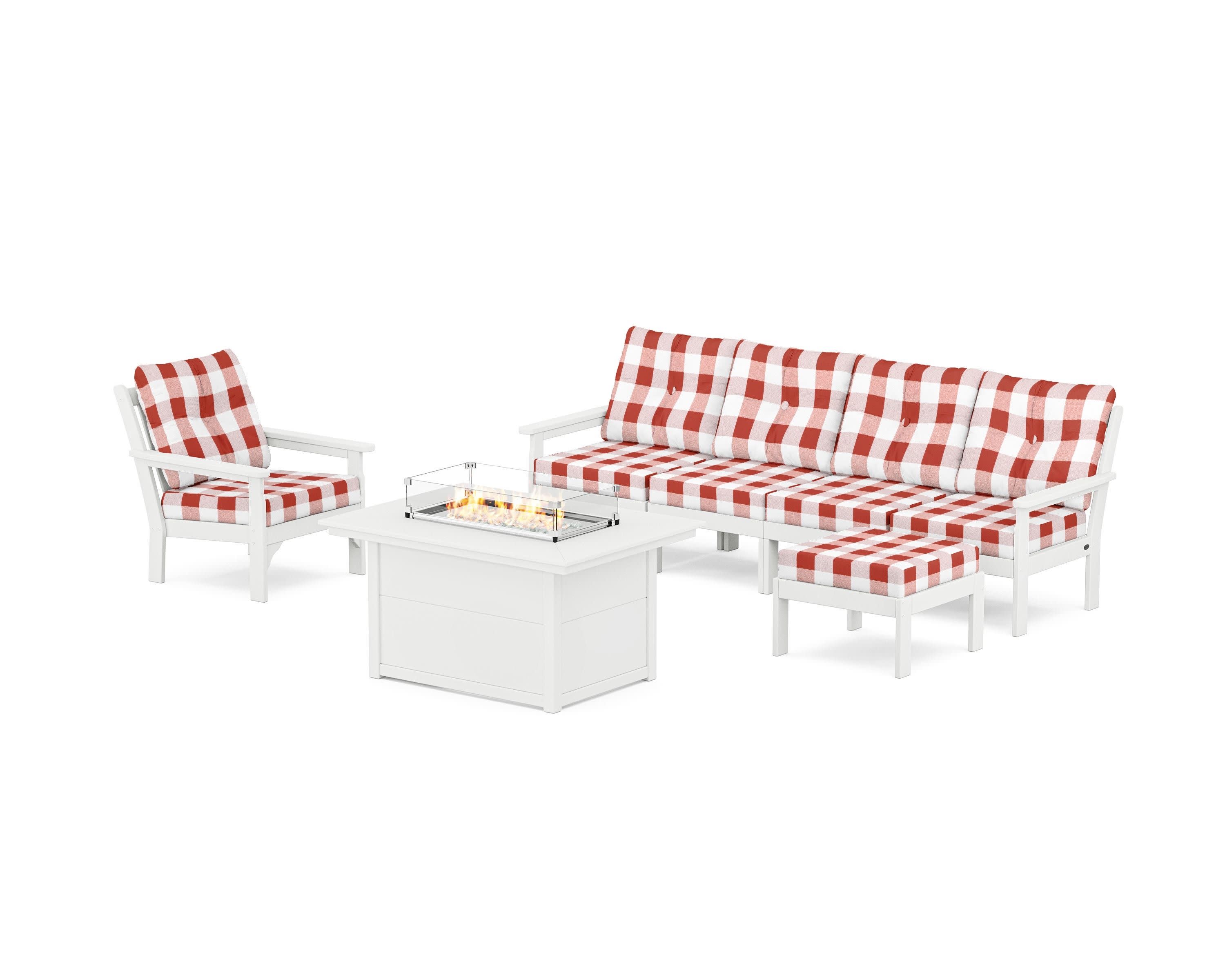 Vineyard Sectional Lounge and Fire Pit Set in White / Buffalo Plaid Crimson