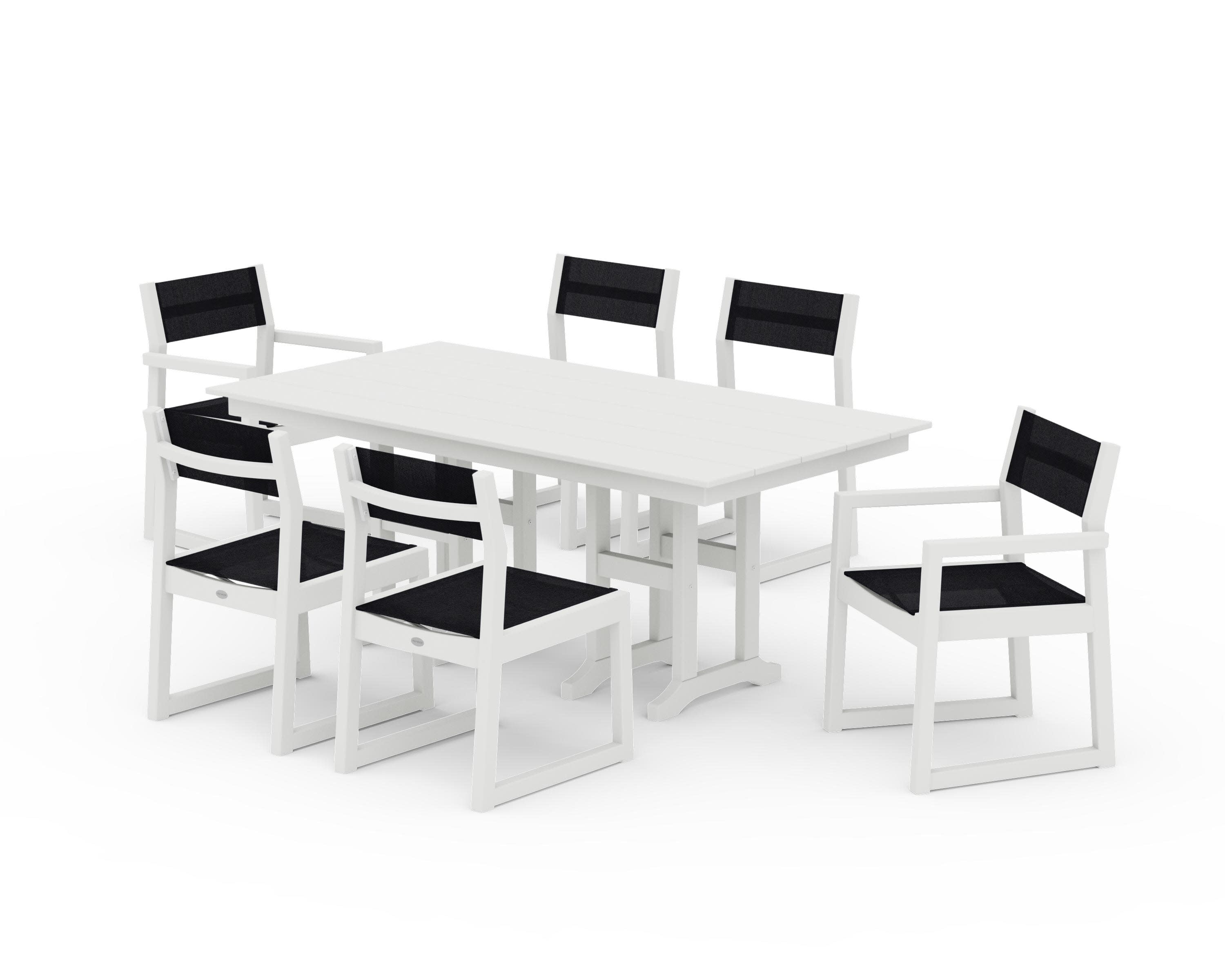 EDGE Sling 7-Piece Farmhouse Dining Set in Vintage White / Black Sling