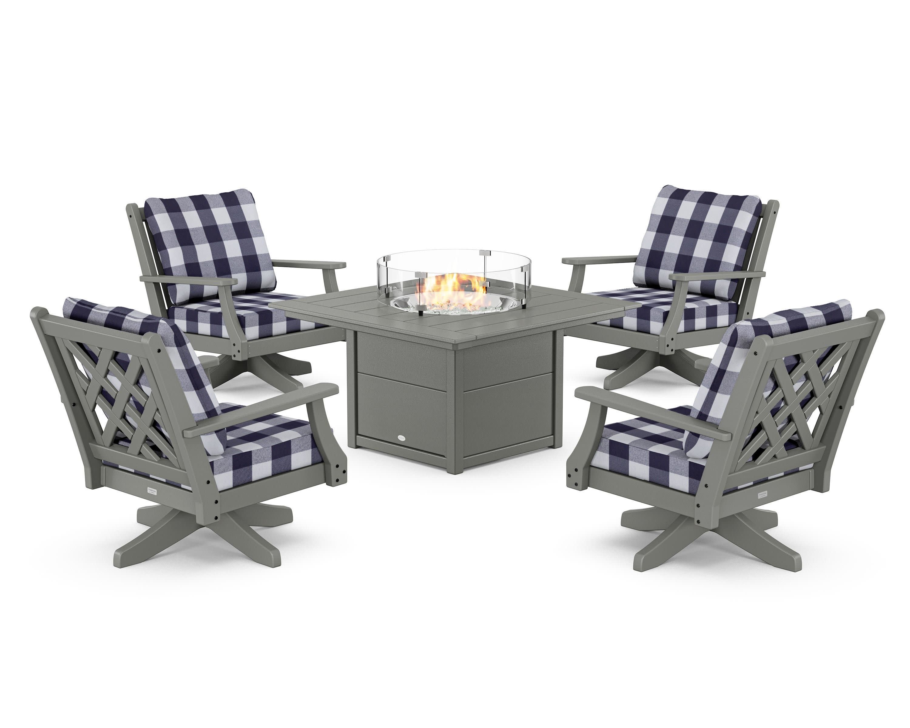 Wovendale 5-Piece Deep Seating Swivel Conversation Set with Fire Pit Table in Slate Grey / Buffalo Plaid Navy
