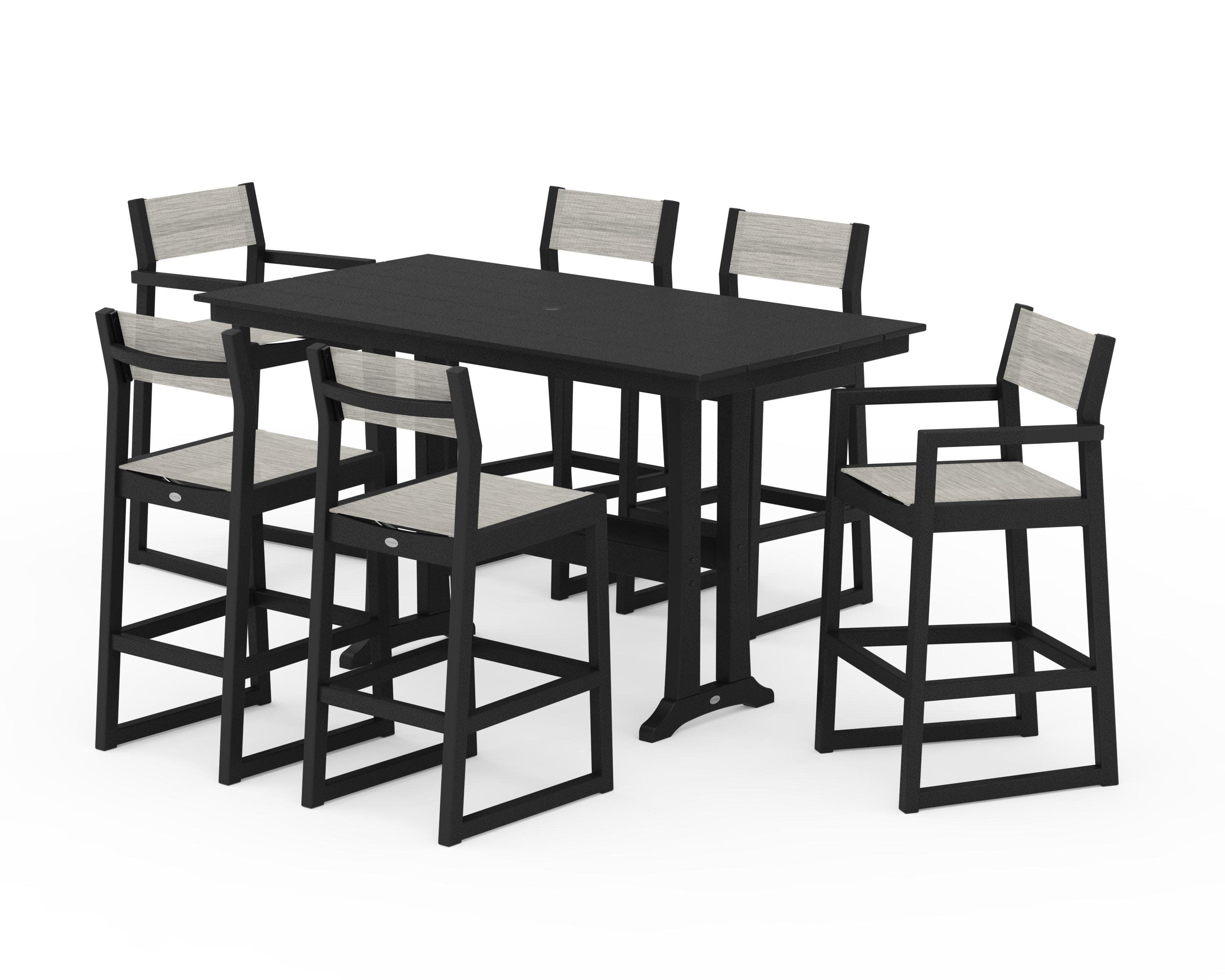 EDGE Sling 7-Piece Farmhouse Bar Set with Trestle Legs in Black / Birch Sling