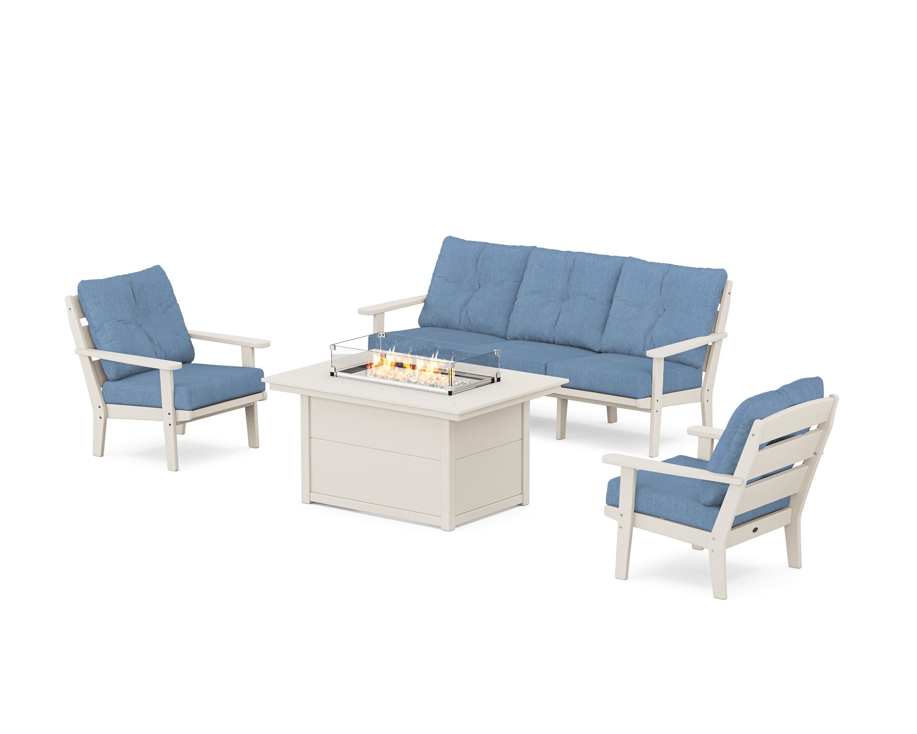 Lakeside Deep Seating Fire Pit Table Set in Sand / Sky Blue