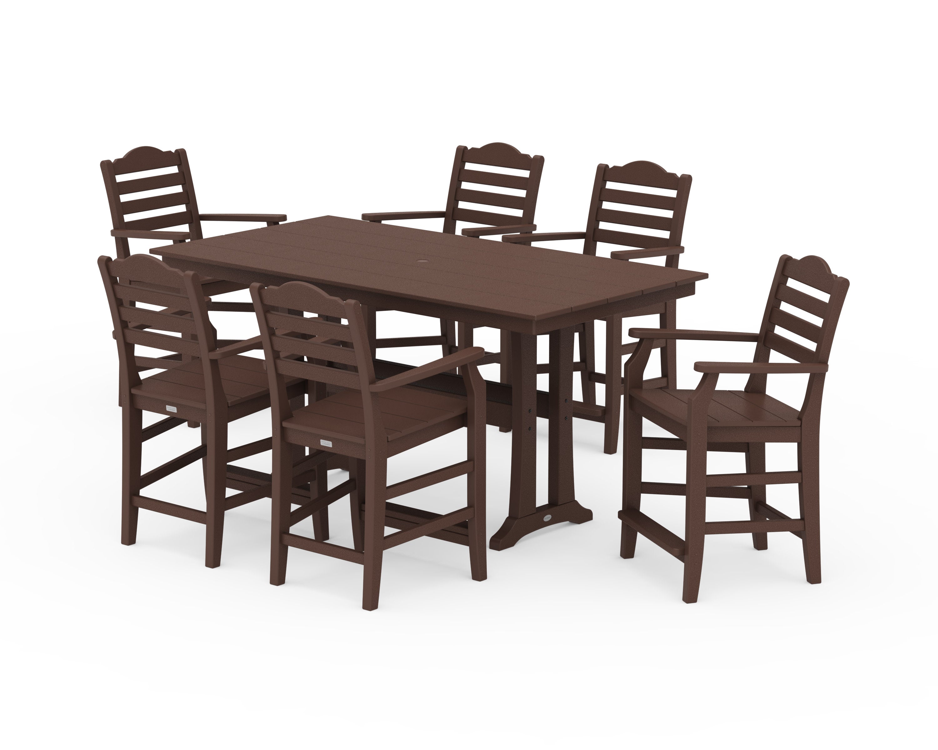 Savannah Arm Chair 7-Piece Farmhouse Counter Set with Trestle Legs in Mahogany