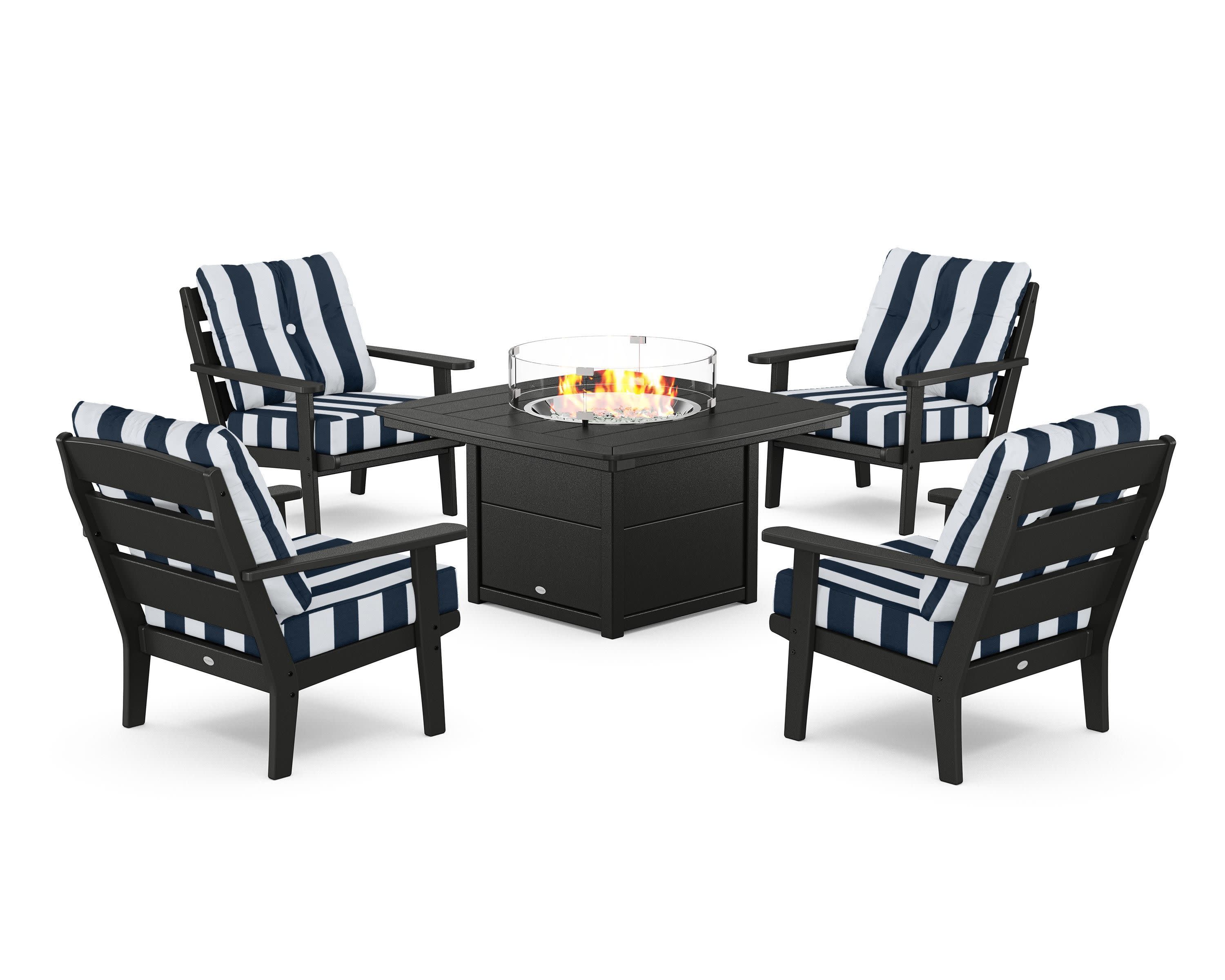 Lakeside 5-Piece Deep Seating Set with Nautical Fire Pit Table in Black / Cabana Stripe Marine Indigo