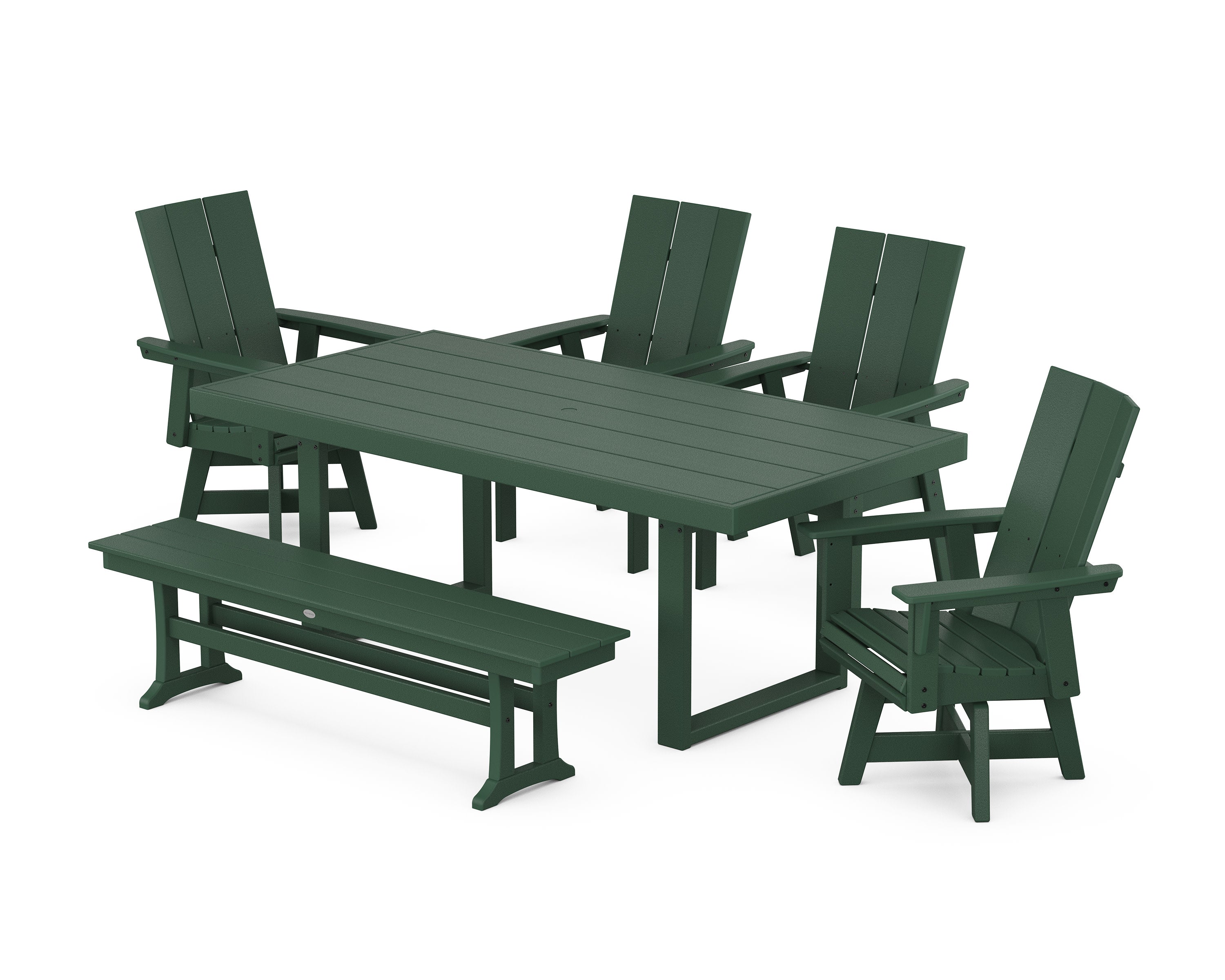 Modern Curveback Adirondack Swivel Chair 6-Piece Dining Set with Bench in Green