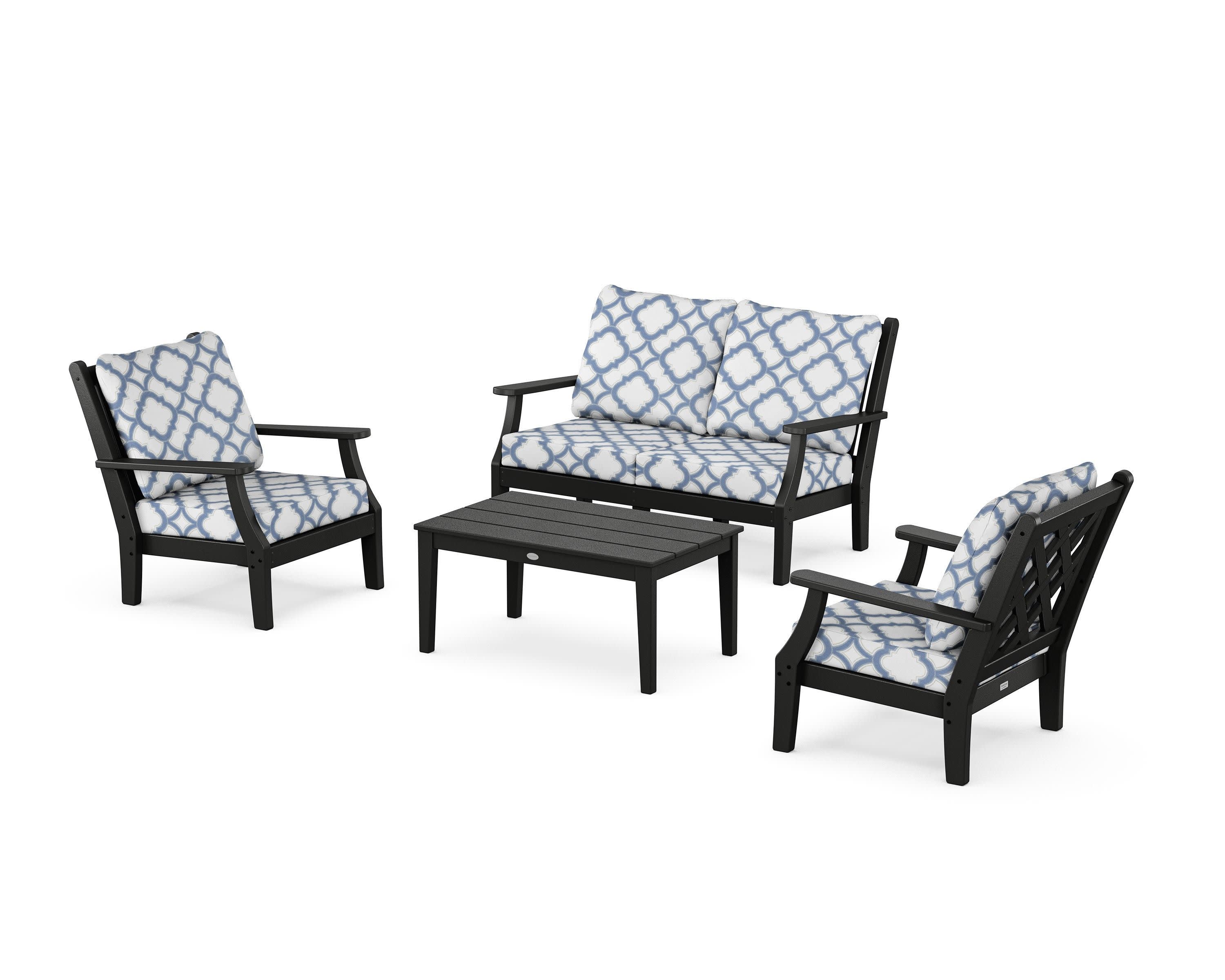 Wovendale 4-Piece Deep Seating Set with Loveseat in Black / Trellis Sky Blue