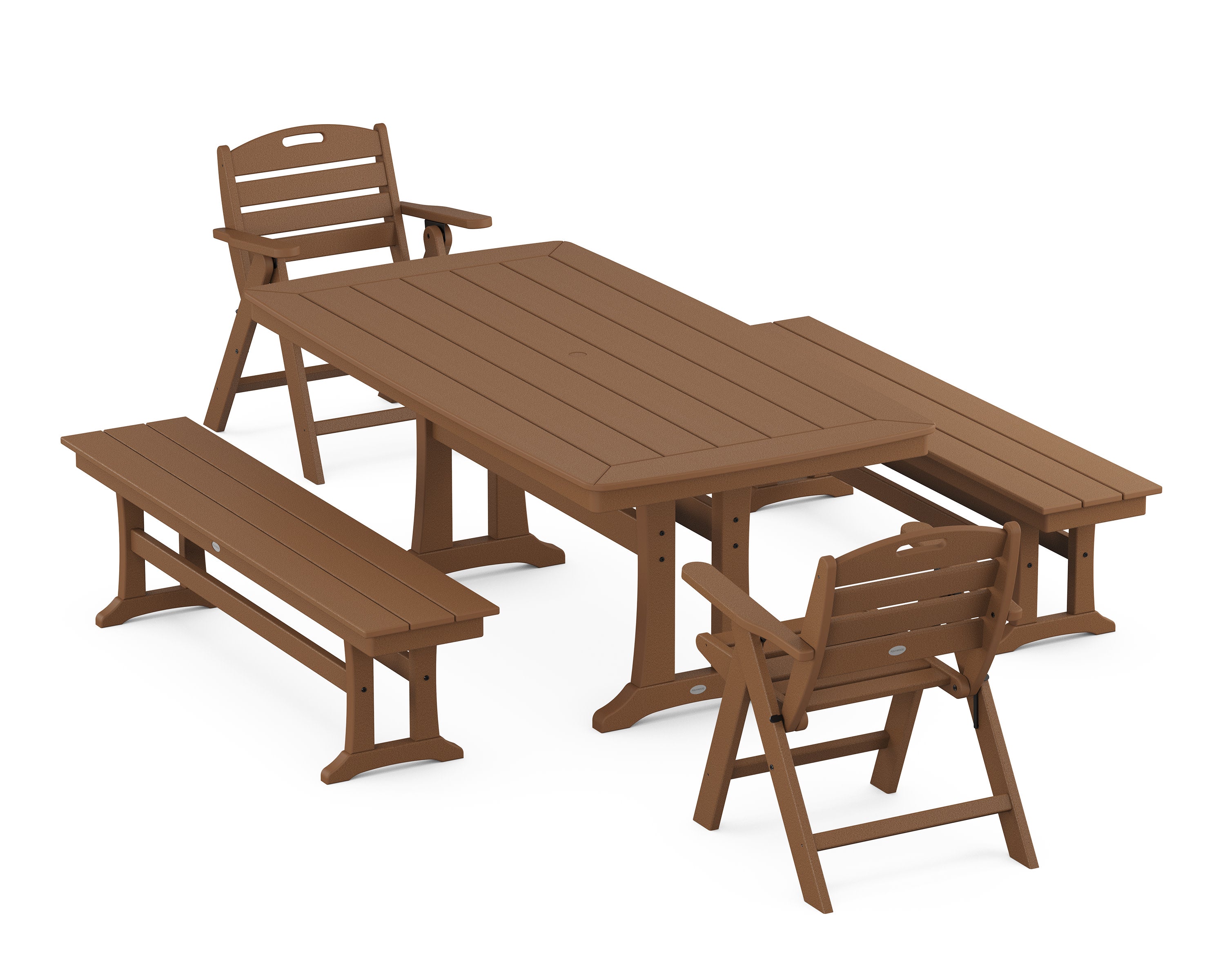 Nautical Folding Lowback Chair 5-Piece Dining Set with Trestle Legs and Benches in Teak
