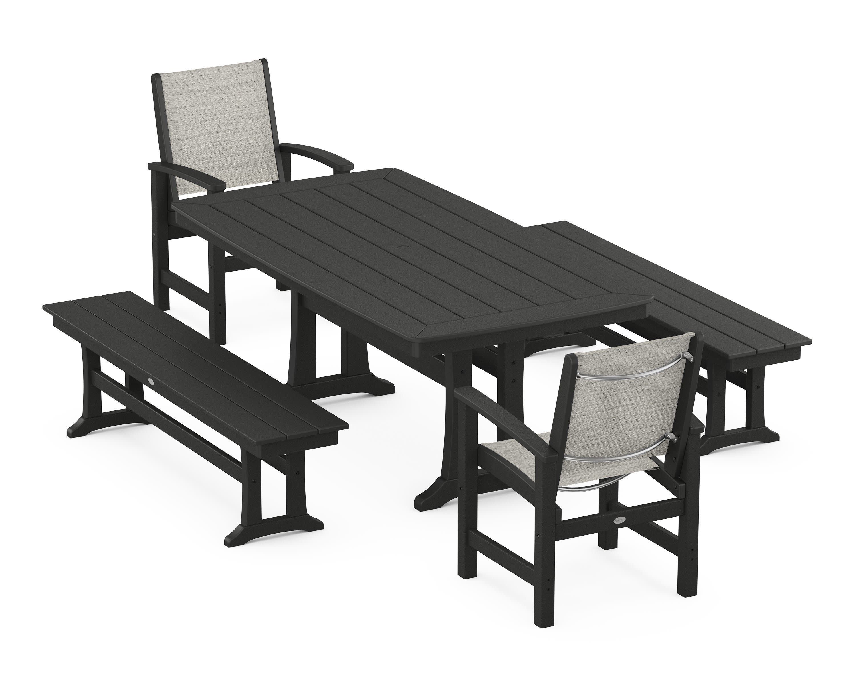 Coastal 5-Piece Dining Set with Trestle Legs and Benches in Black / Birch Sling
