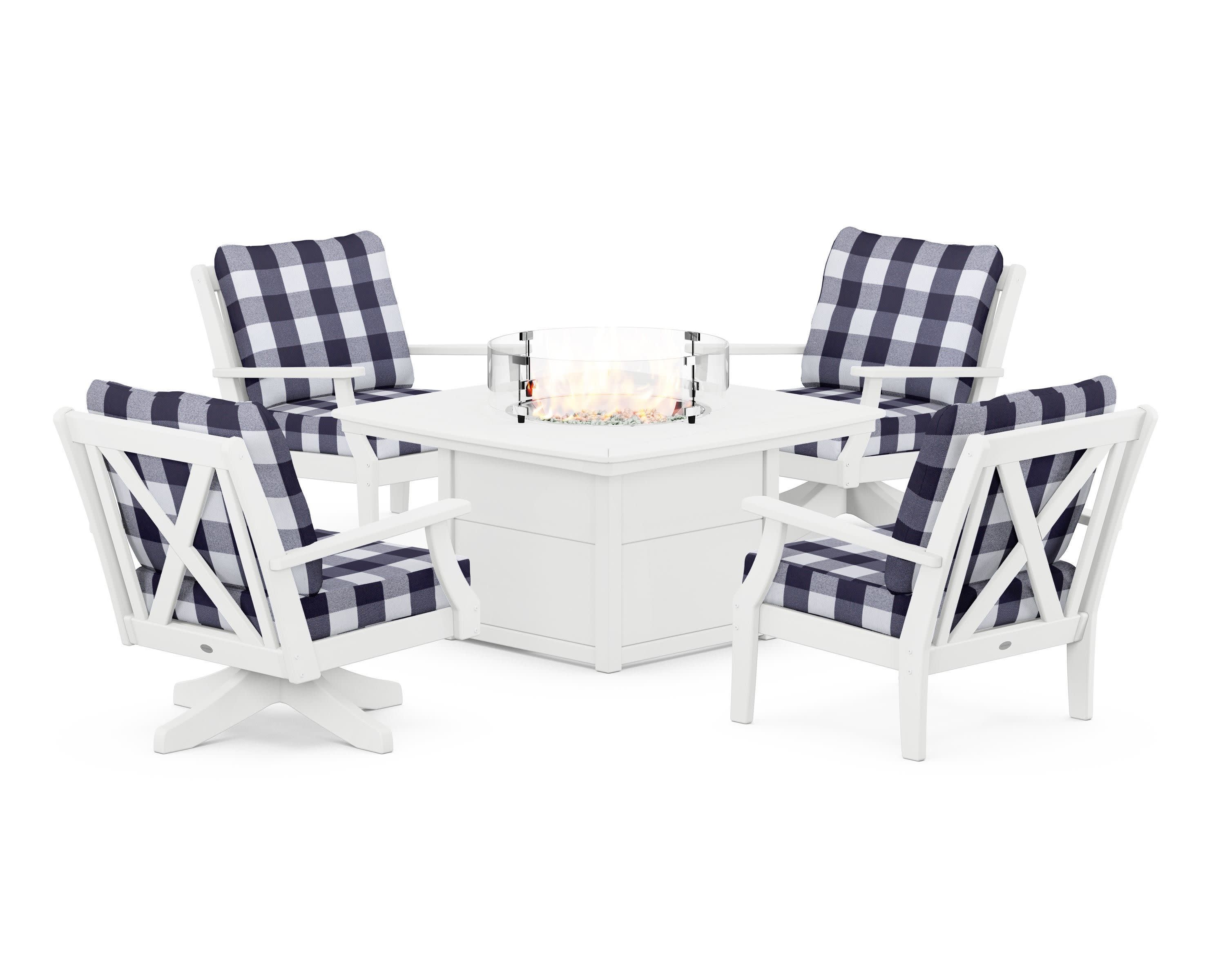 Braxton 5-Piece Deep Seating Set with Fire Table in White / Buffalo Plaid Navy