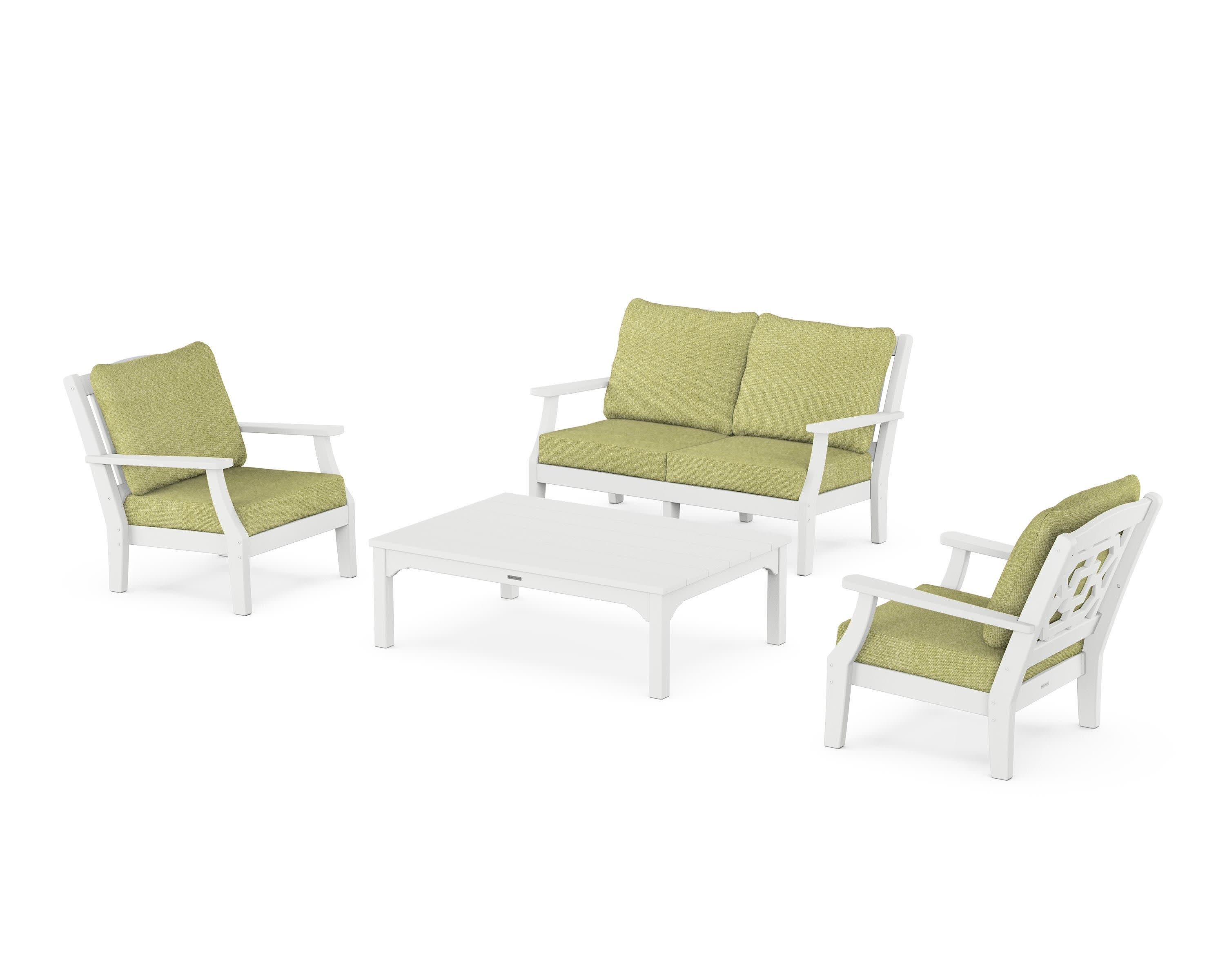 Chinoiserie 4-Piece Deep Seating Set with Loveseat in White / Chartreuse Boucle