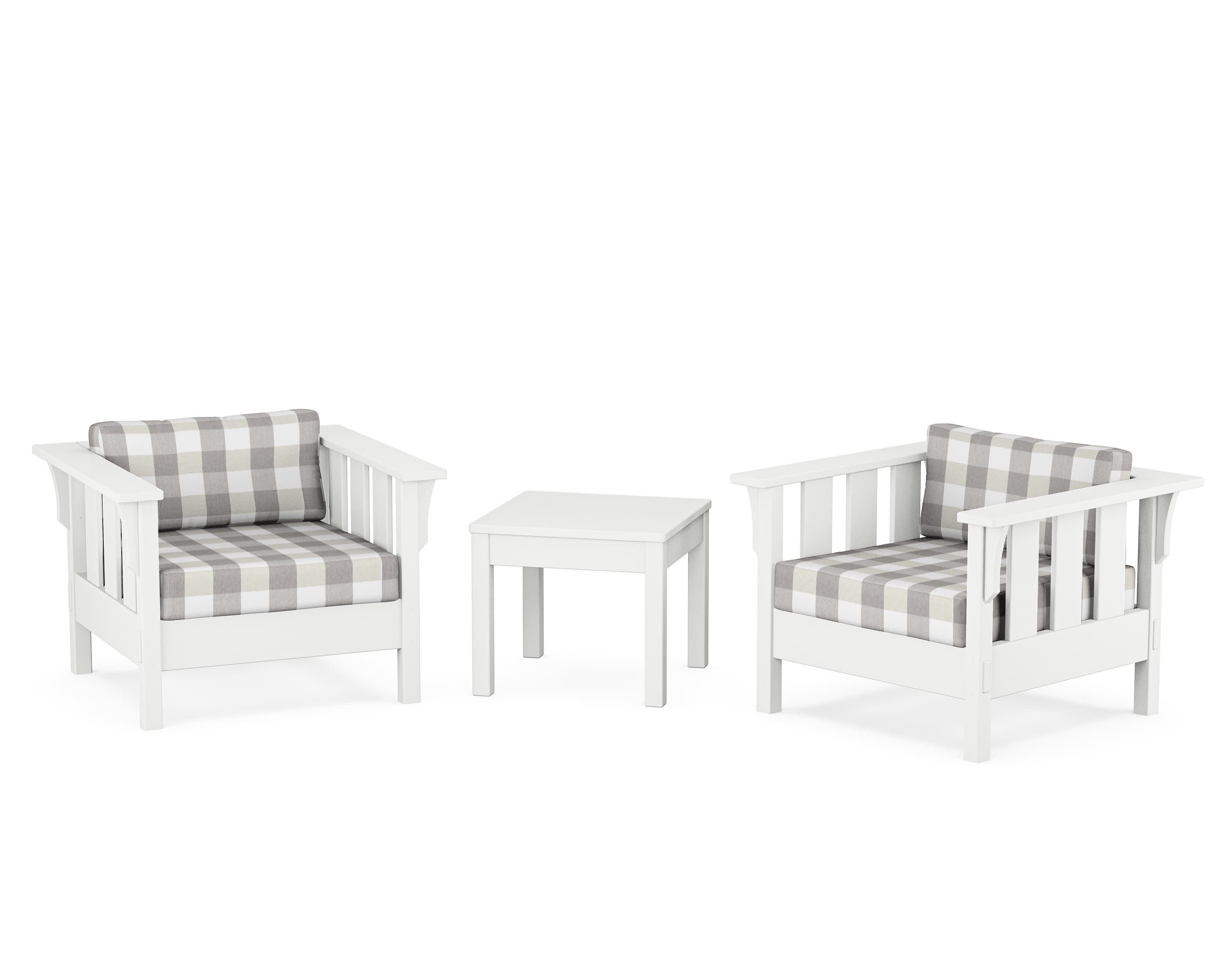 Acadia 3-Piece Deep Seating Set in White / Buffalo Plaid Grey Mist
