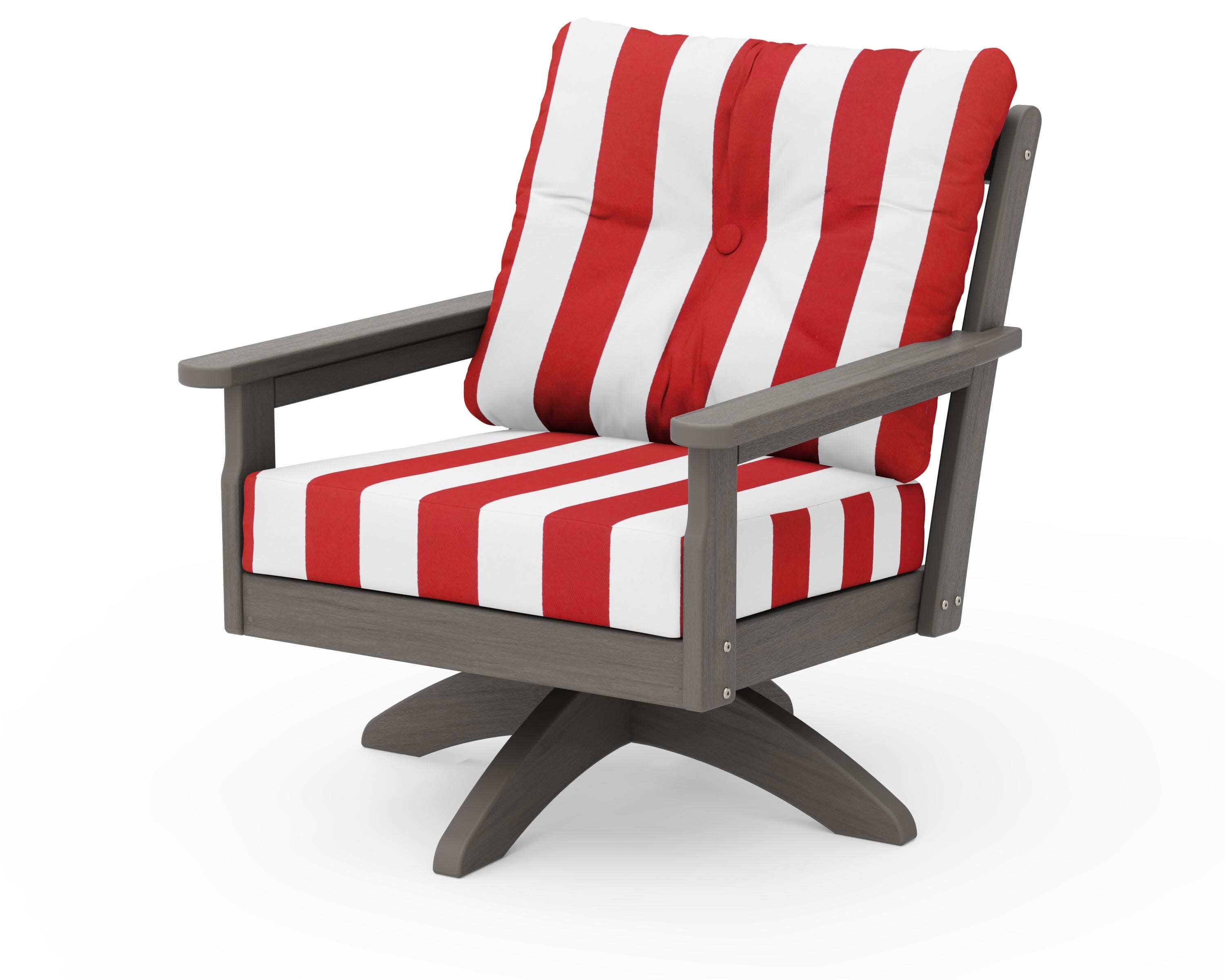 Vineyard Deep Seating Swivel Chair in Driftwood / Cabana Stripe Crimson