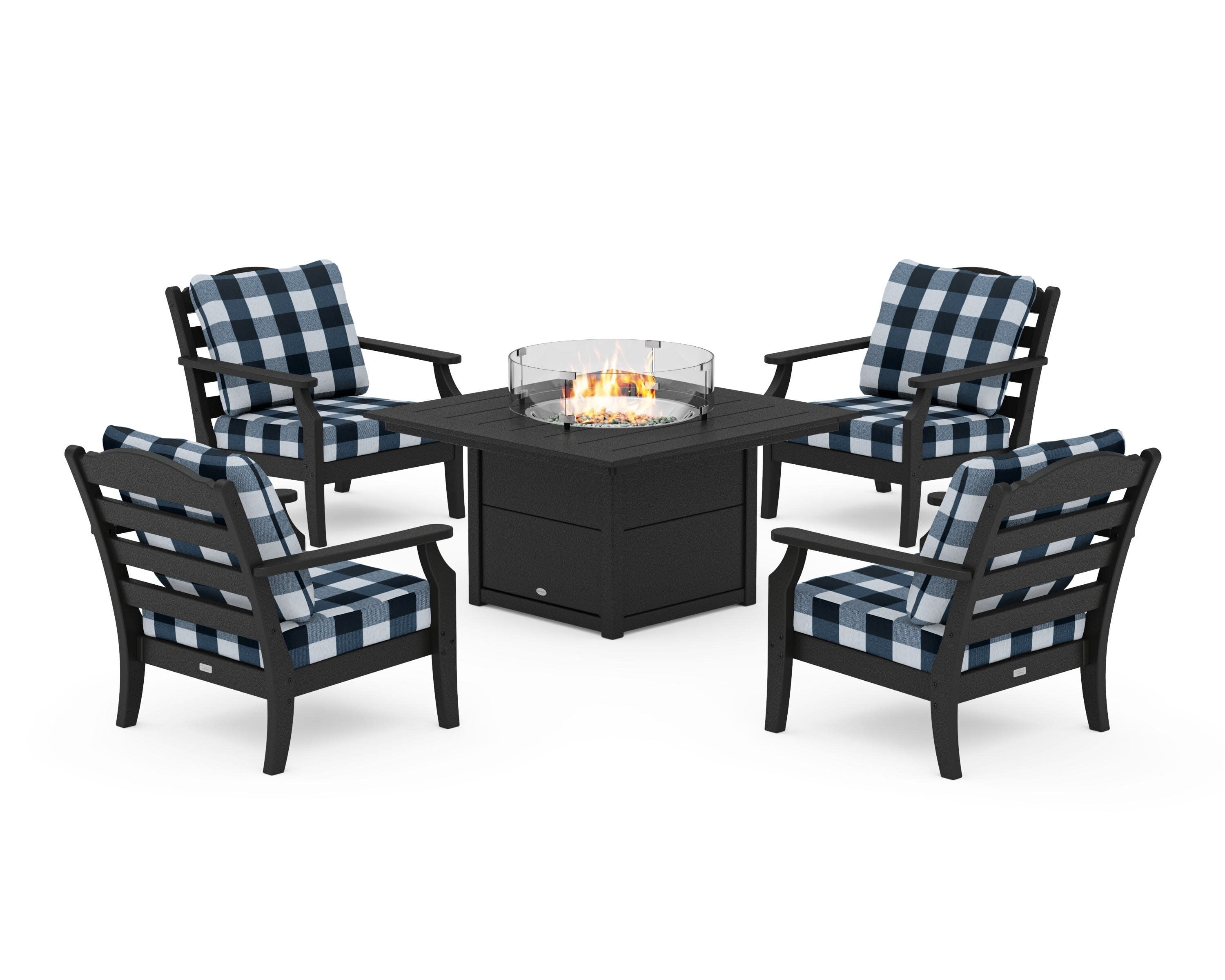 Savannah 5-Piece Deep Seating Set with Fire Pit Table in Black / Buffalo Plaid Marine Indigo