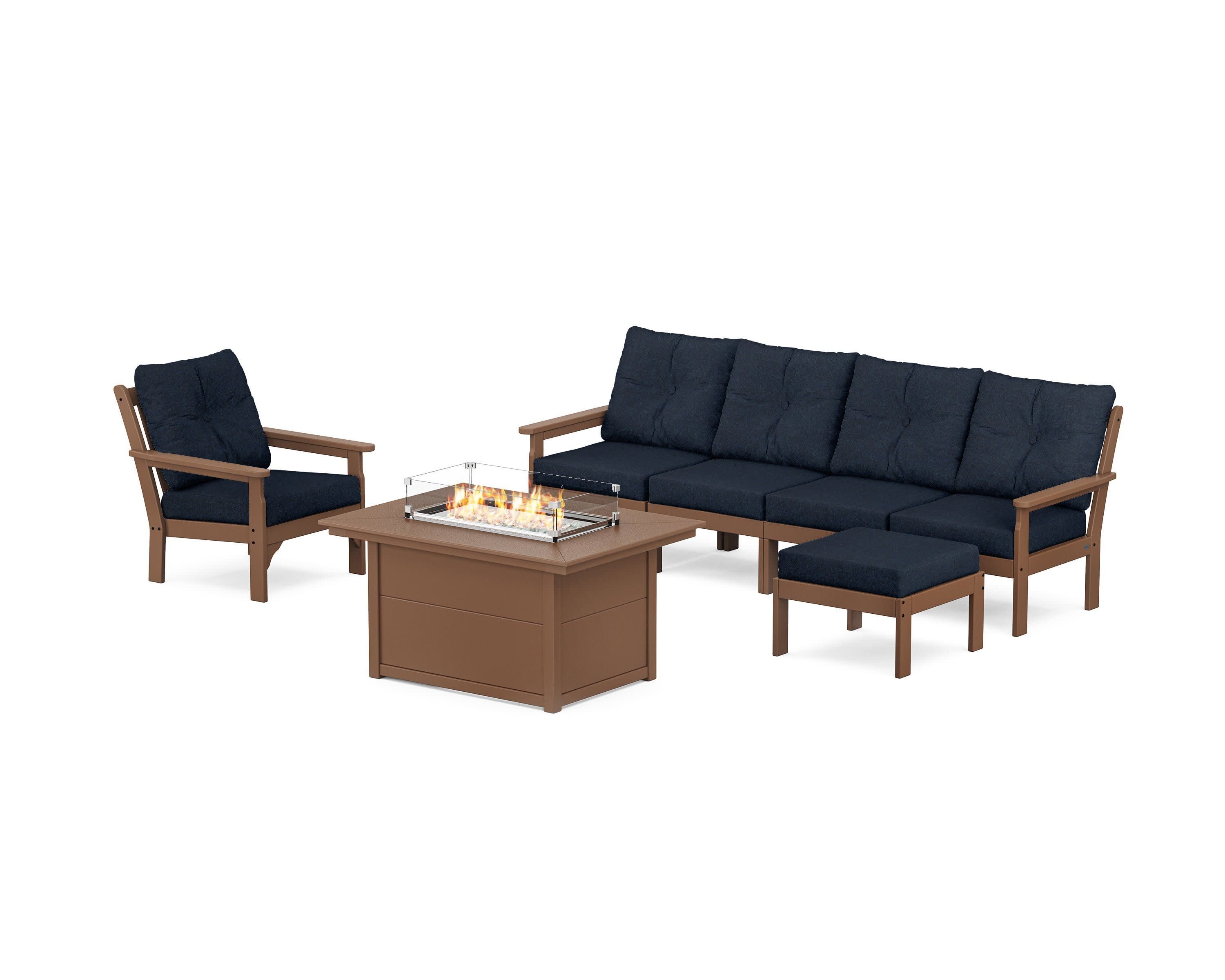 Vineyard Sectional Lounge and Fire Pit Set in Teak / Marine Indigo
