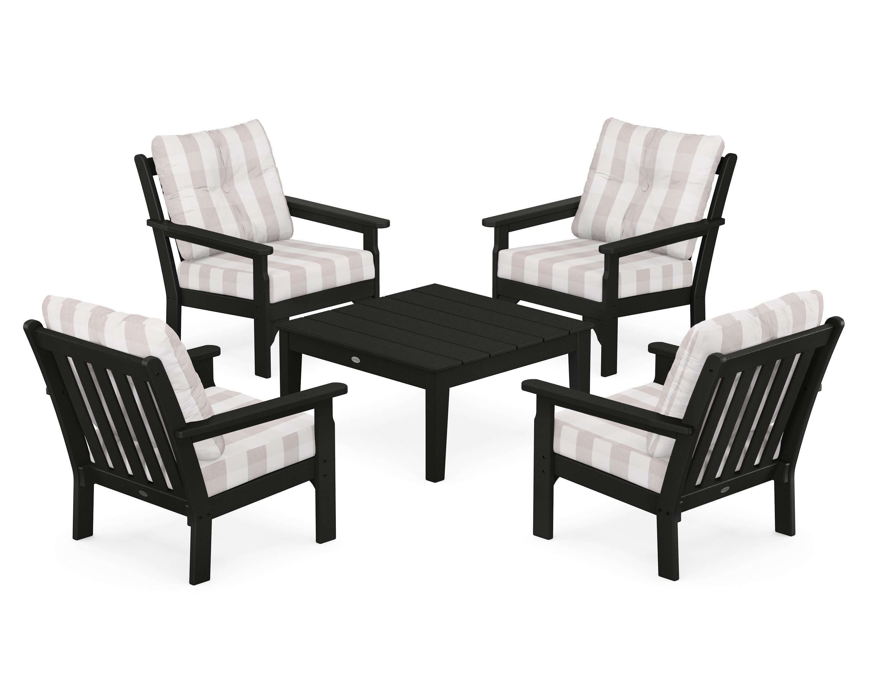 Vineyard 5-Piece Deep Seating Conversation Set in Black / Buffalo Plaid Dune Burlap