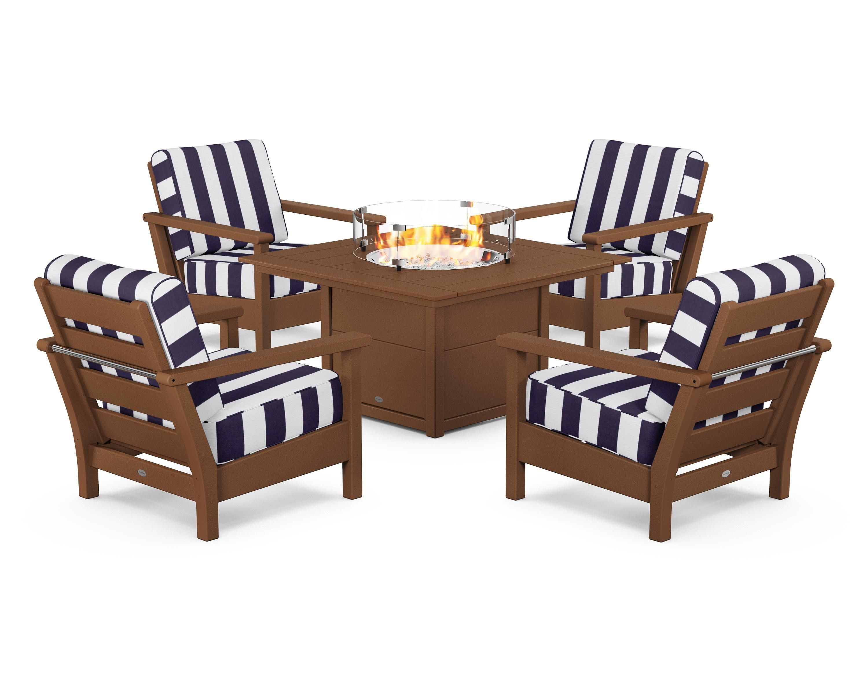 Harbour 5-Piece Conversation Set with Fire Pit Table in Teak / Cabana Stripe Navy