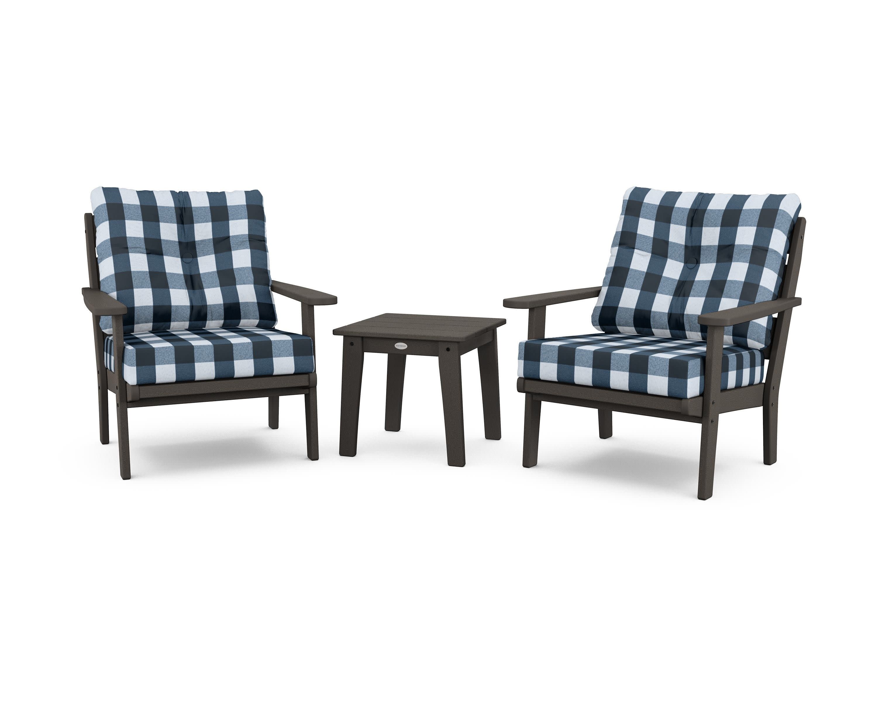 Lakeside 3-Piece Deep Seating Chair Set in Vintage Coffee / Buffalo Plaid Marine Indigo