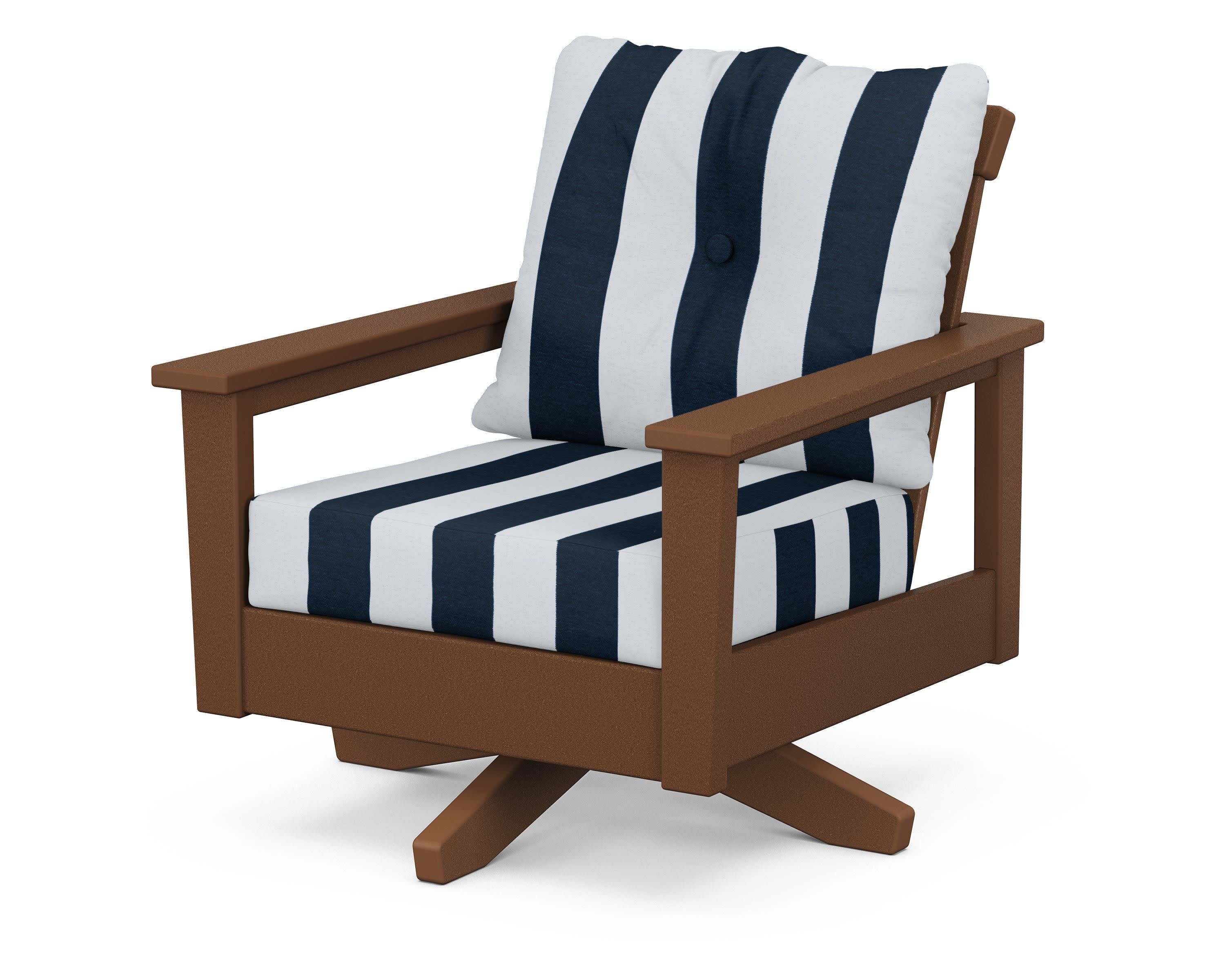Prescott Deep Seating Swivel Chair in Teak / Cabana Stripe Marine Indigo